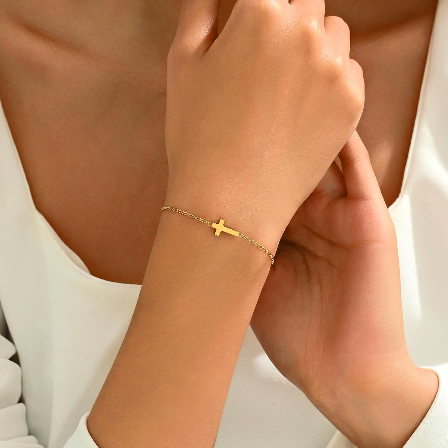 14K Gold Plated Sideways Cross Bracelet for Women, Religious Cubic Zirconia Station Bracelet, Confirmation Gift Jewelry - Image 3