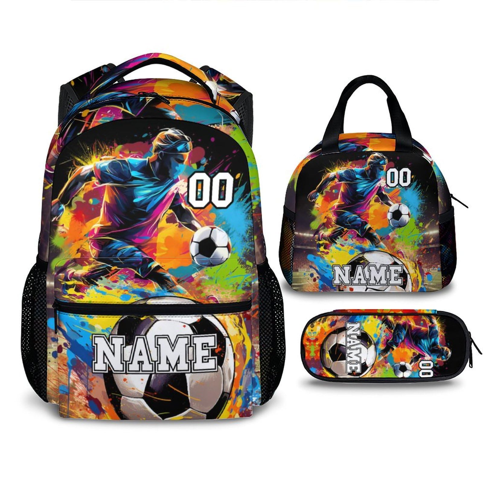 Schoolbag for Kids, Custom Name Set of 3 Soccer Backpacks Gifts for Students Boys, Personalized Cool Backpack with Lunchbox Bundle for Elementary,