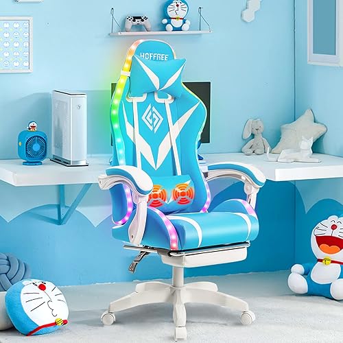 Miniatura 10 de Silla de juegos con masaje y luces LED, sillas ergonómicas de videojuegos con reposapiés, respaldo alto, silla reclinable para computadora con