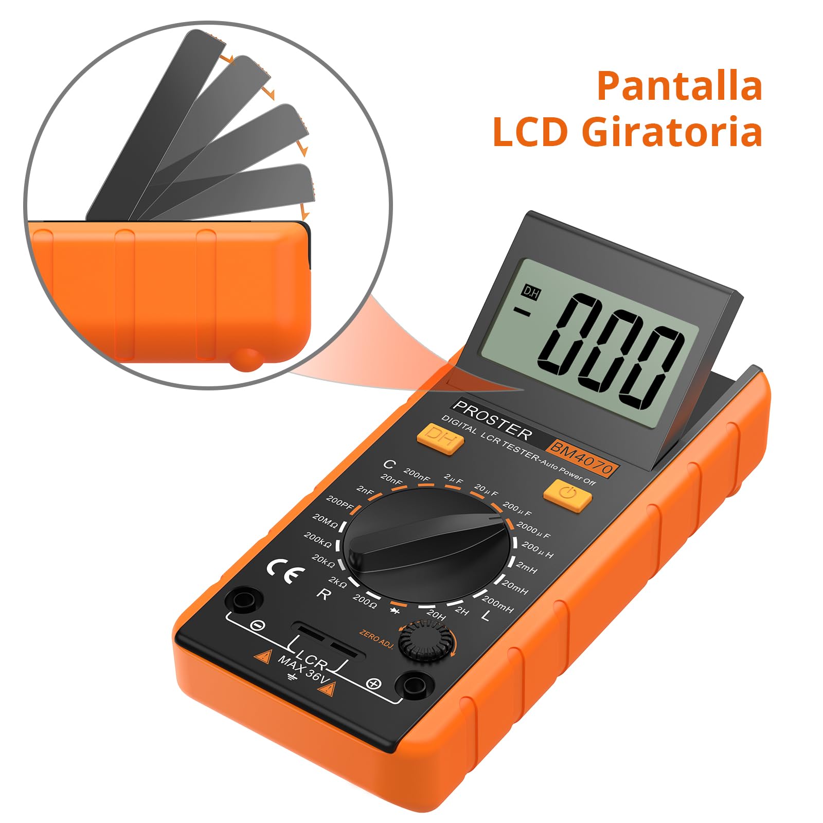 Proster LCR Medidor De Capacitancia Inductancia Resistencia Continuidad Diodos Tester Digital Multimetro Autodescarga con Gran Pantalla LCD Giratorio Cables Prueba Pinzas Cocodrillo y Destornillador