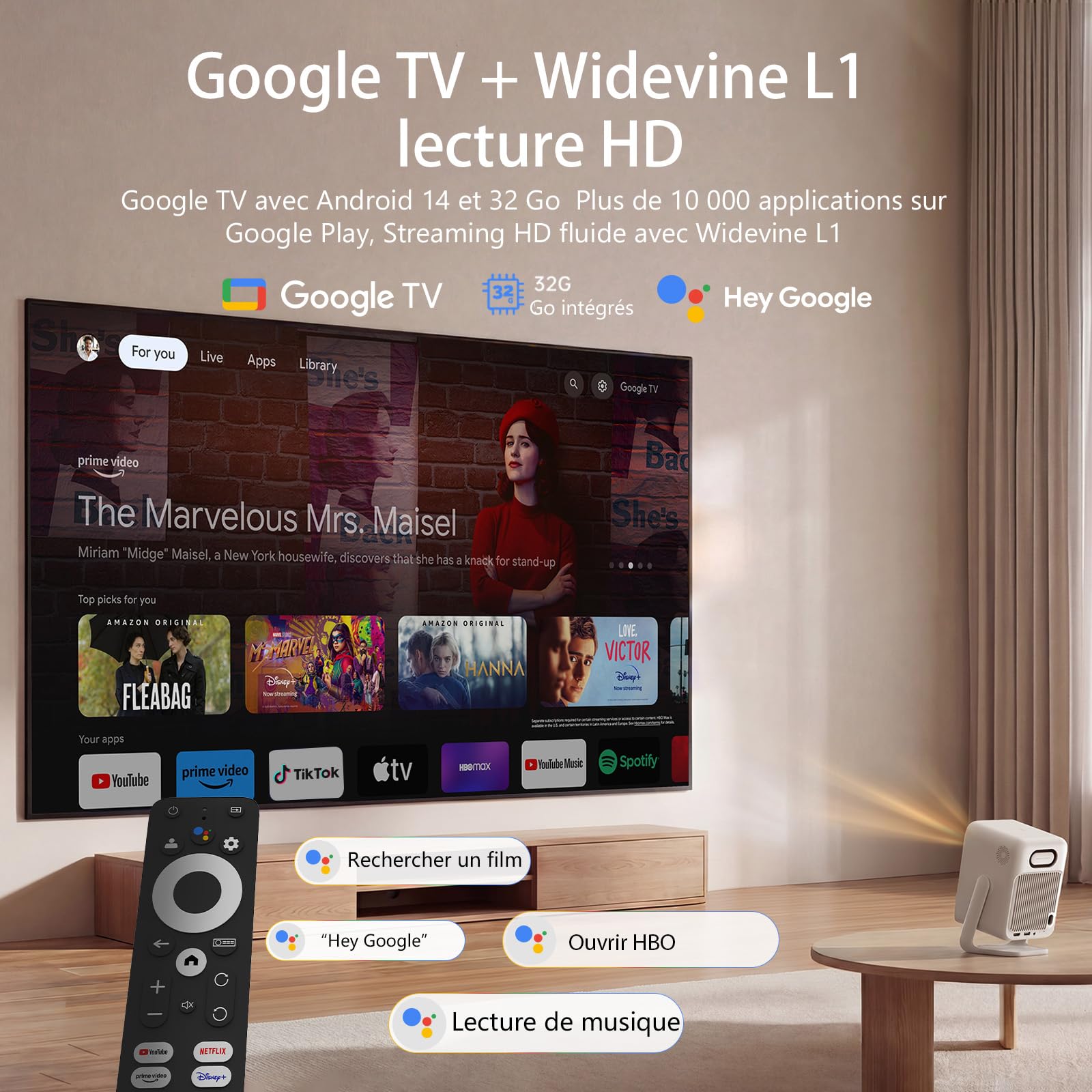 Wanbo T2 Ultra Proyector Google TV 500 ANSI, Widevine L1, Óptica Sellada, Enfoque Automático IA, Sonido DSP de 10W, WiFi Bluetooth, FHD 1080P, Rotación de 120°, Pantalla de 140" para Cine en Casa