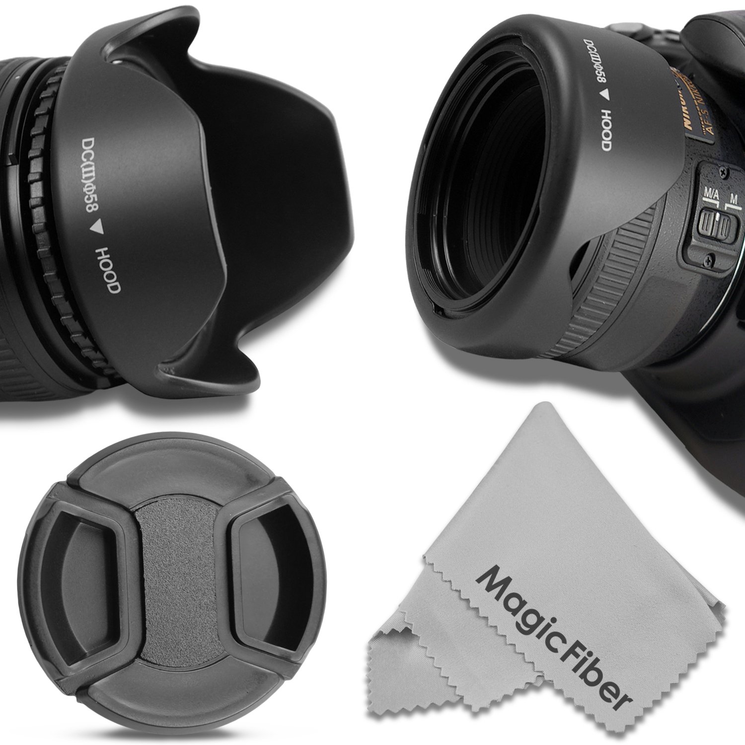 Buy 58MM Reversible Tulip Lens Hood + 58MM CenterPinch Lens Cap for