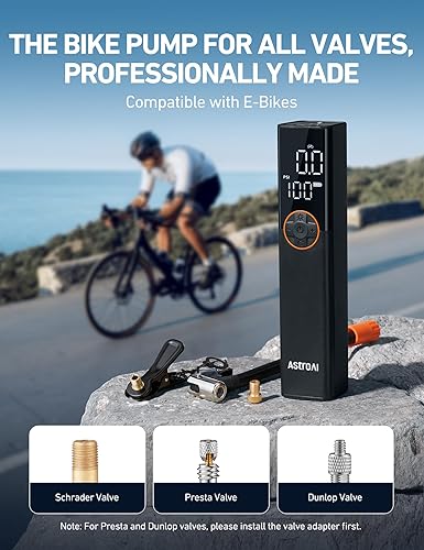 Miniatura 2 de AstroAI Bomba de bicicleta portátil L8, inflador de neumáticos de bicicleta con medidor de presión, motor de alto voltaje de 150 PSI para mini bomba