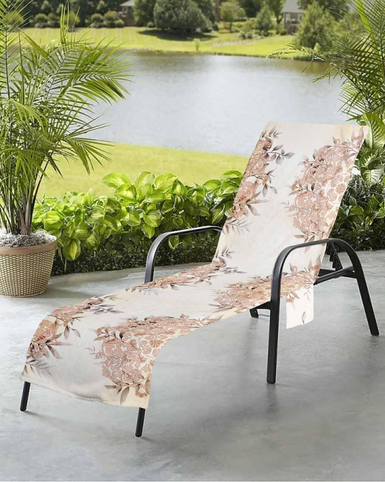 Mandala Flower Beach Chair Towel Covers for Chaise Lounge with Side Pocket, Soft Plush Pool Towels Cover for Patio Sunbathing Outdoor 29''x85'' Boho Traditional European Beige Orange