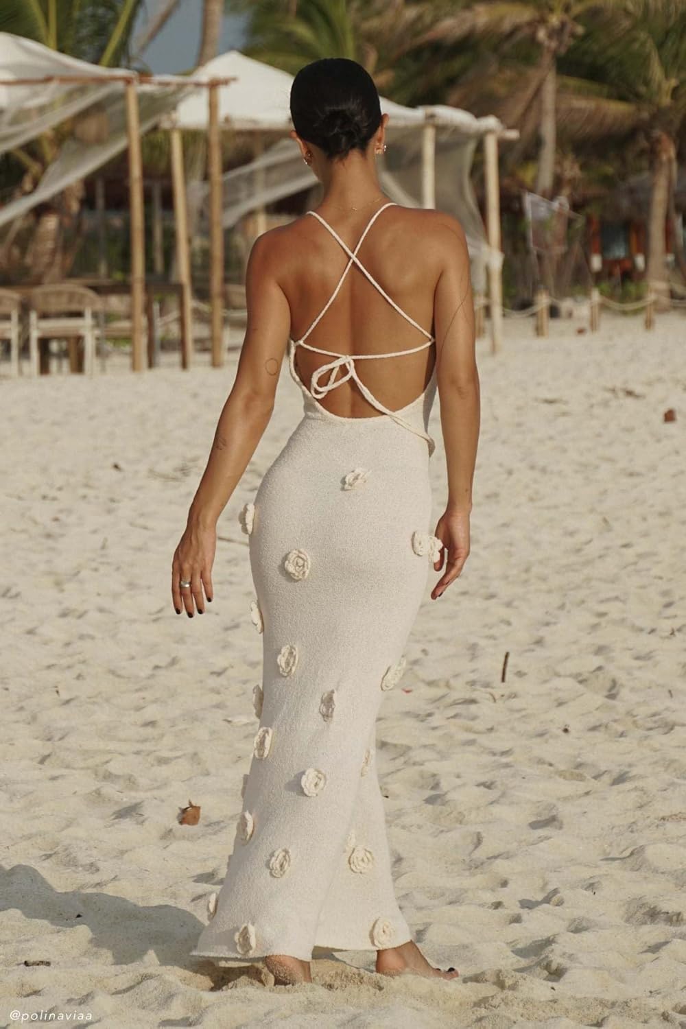 RanRui 3D Flower Maxi Dress Sexy Backless Dresses Long‘ Sleeve Off The Shoulder Bodycon Knit Dress Beach Cover Up