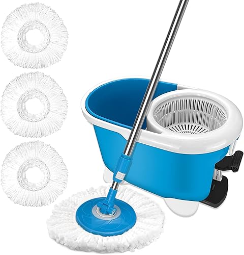 Trapeador giratorio de microfibra y cubo con juego de escurridor, cubo giratorio para limpieza de suelos + 3 recambios adicionales, mango extendido