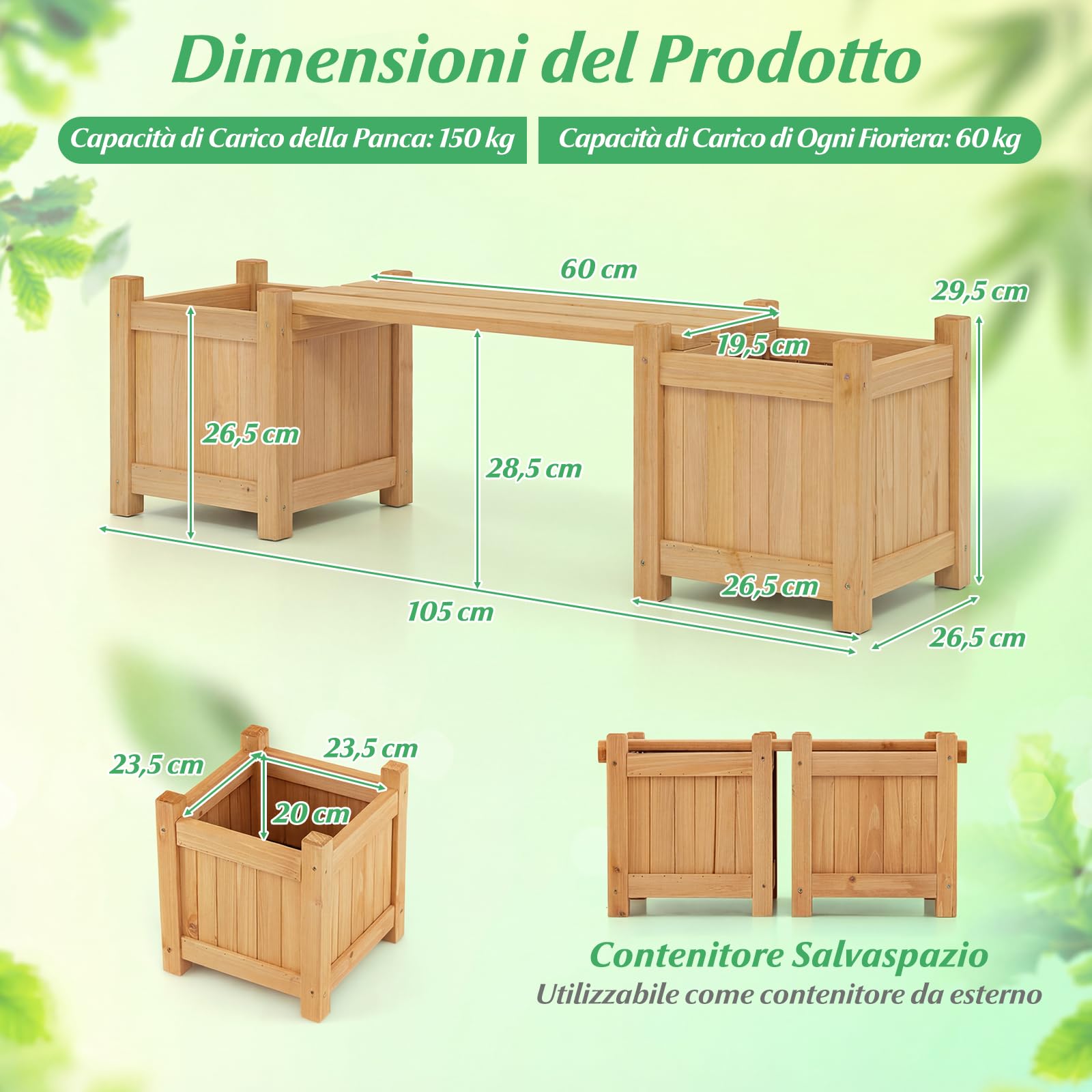 COSTWAY Fioriere da Esterno con Panchina, Letto Rialzato da Giardino in Legno Massello con e Base Aperta, Fioriere Elevate per Patio, Cortile e Veranda (Naturale, 105 x 26,5 x 29,5 cm)