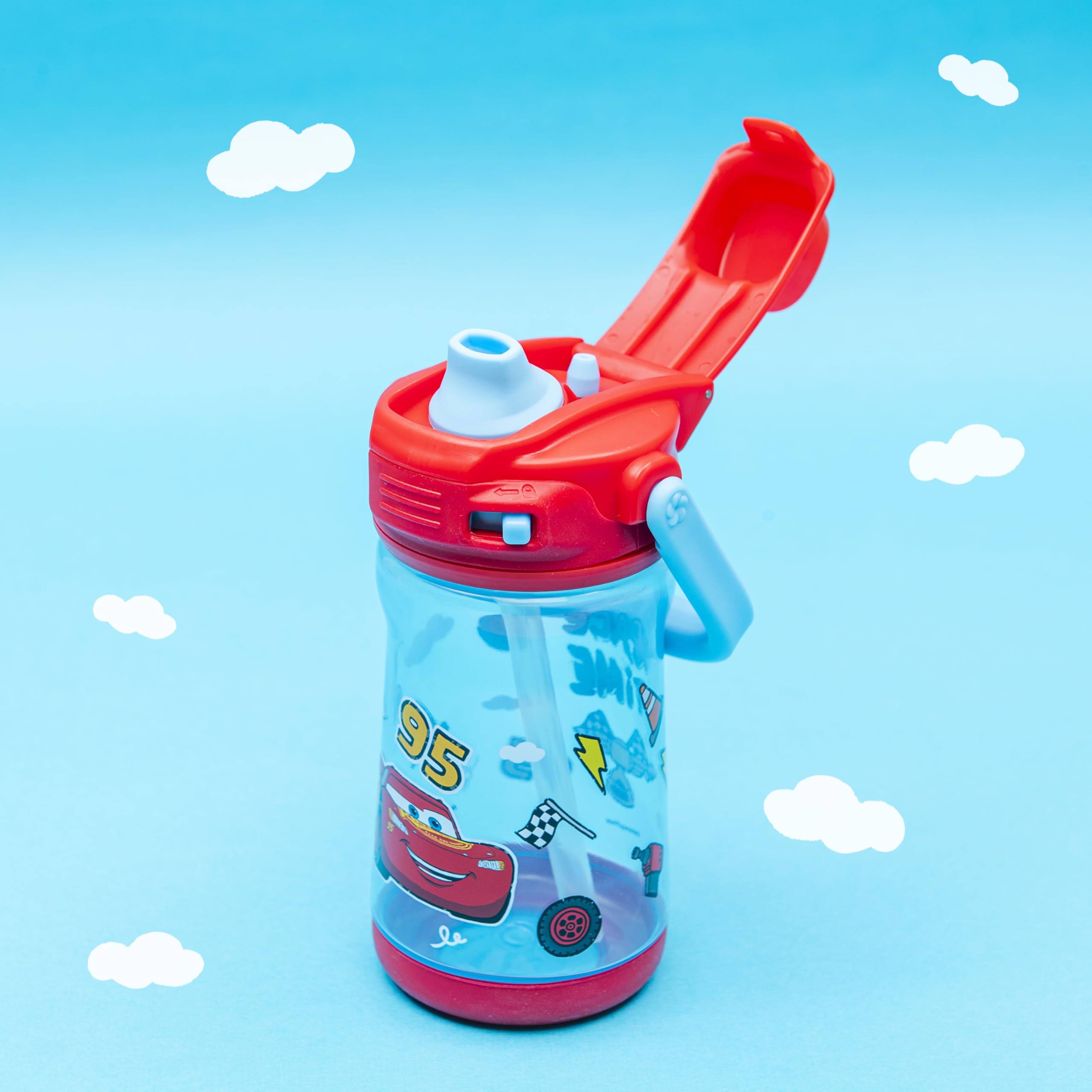 Zak Designs Disney Pixar Cars Kid Water Bottle for Travel or At Home, 12oz Plastic is Durable and Leak-Proof with Liquid Lock Spout, Cover, Carry Handle, Protective Base (Lightning McQueen)