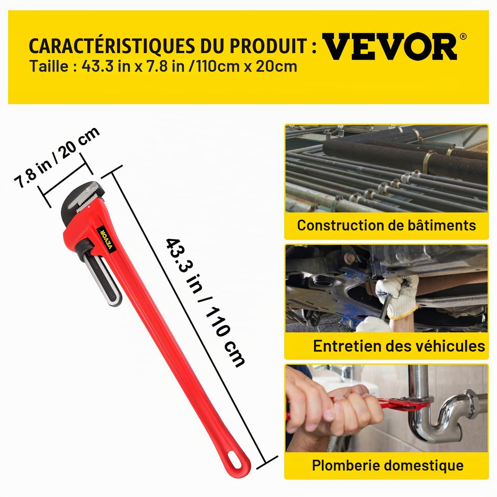 VEVOR Clé Serre-tubes en Fonte de 110 cm, Clé à Griffe Mâchoire de 200 mm, Clé à Tuyau de Plomberie Réglable, Robuste, pour Robinet d'Évier, Cuvette de Toilette, Égouttoir, Salle de Bain, Cuisine