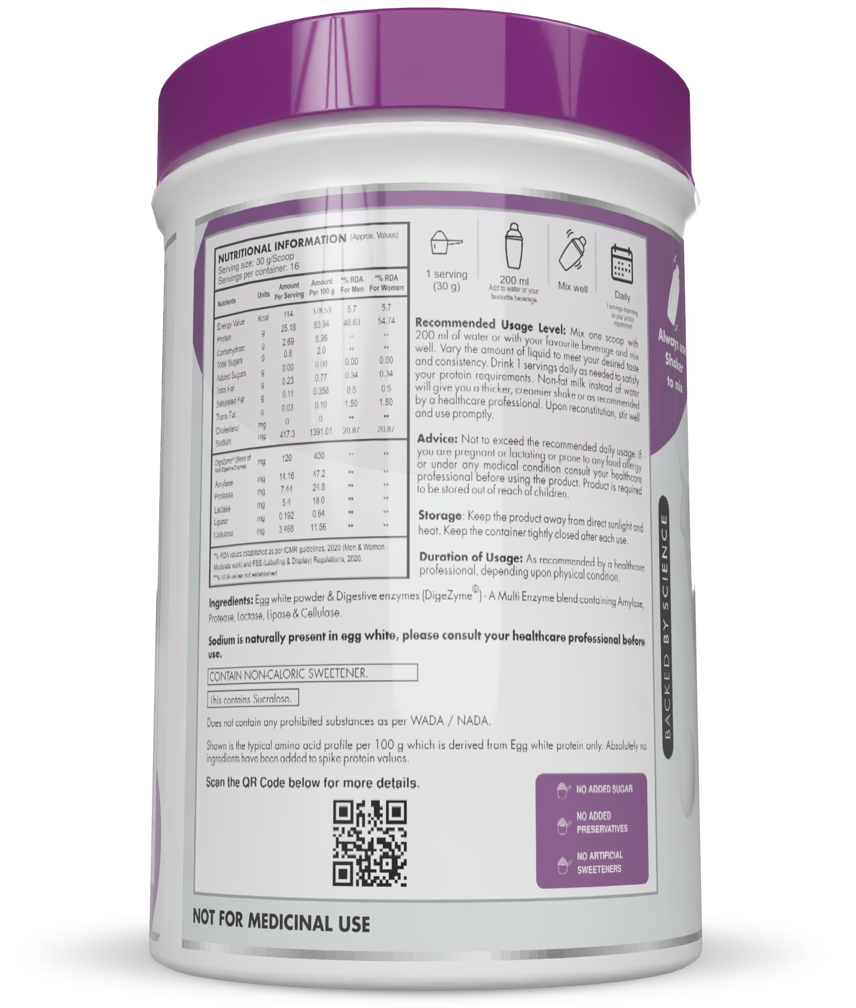HealthyHey Nutrition 100% Egg White Protein - Low in purine - Instant Mix - 80% Protein - Non GMO & Lactose Free - 500g (Unflavoured), 16 Servings