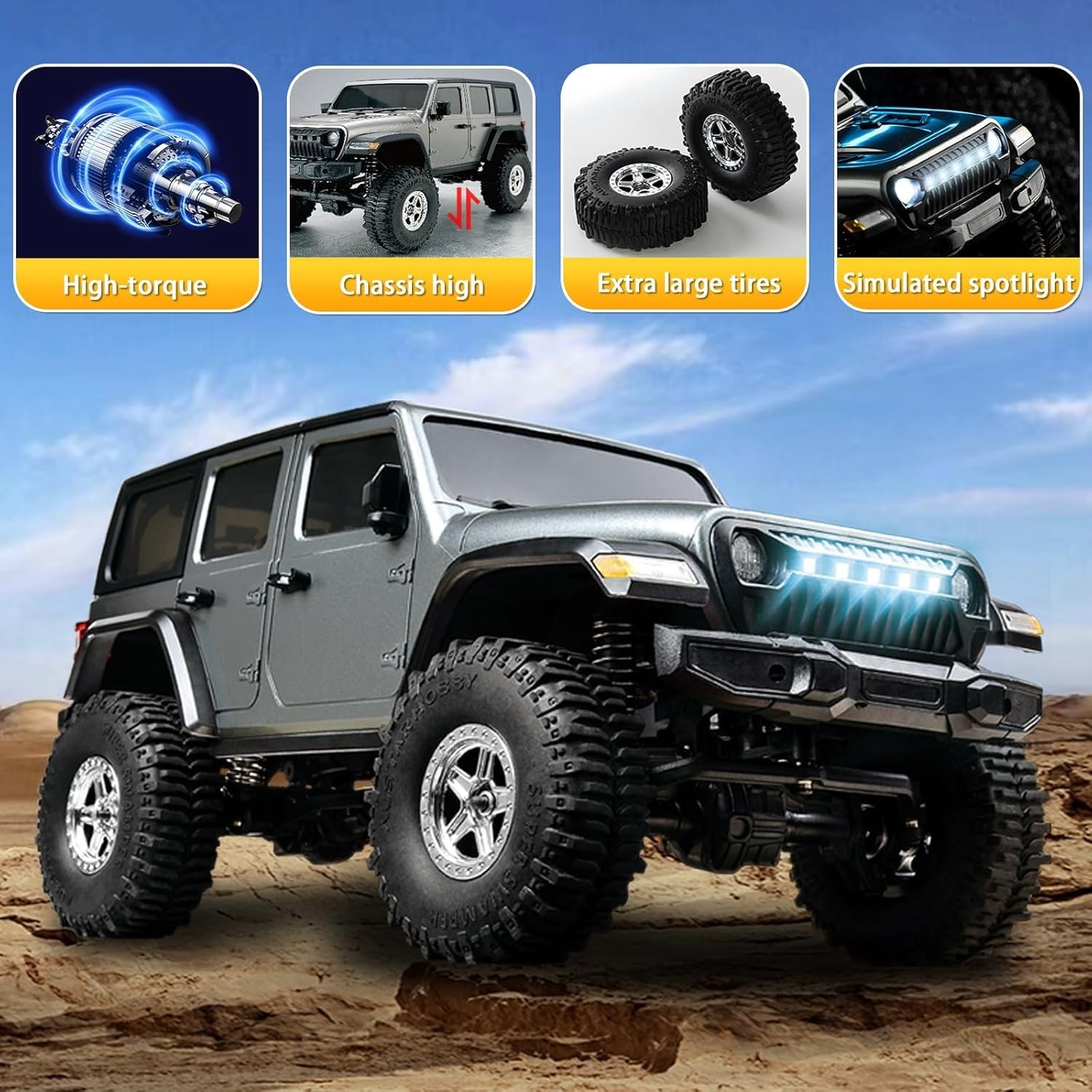 Ttrzlrb Camión Todoterreno RC Crawler 4x4 RTR 1/18 con Luces y Control Remoto, Luces de Marcha atrás, Motor de escobillas, ESC escobillado Impermeable, Todoterreno 4x4(Grey)
