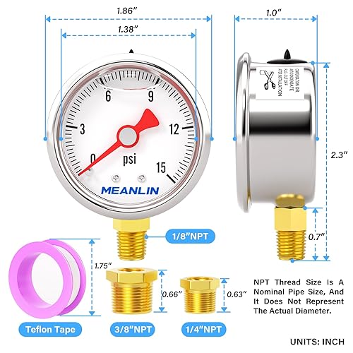 Miniatura 2 de MEANLIN MEASURE 015Psi Stainless Steel 18" NPT 1.5" FACE DIAL, Glycerin Filled Pressure Gauge, Liquid Filled, Water Oil Air, Lower Mount, with 18" x