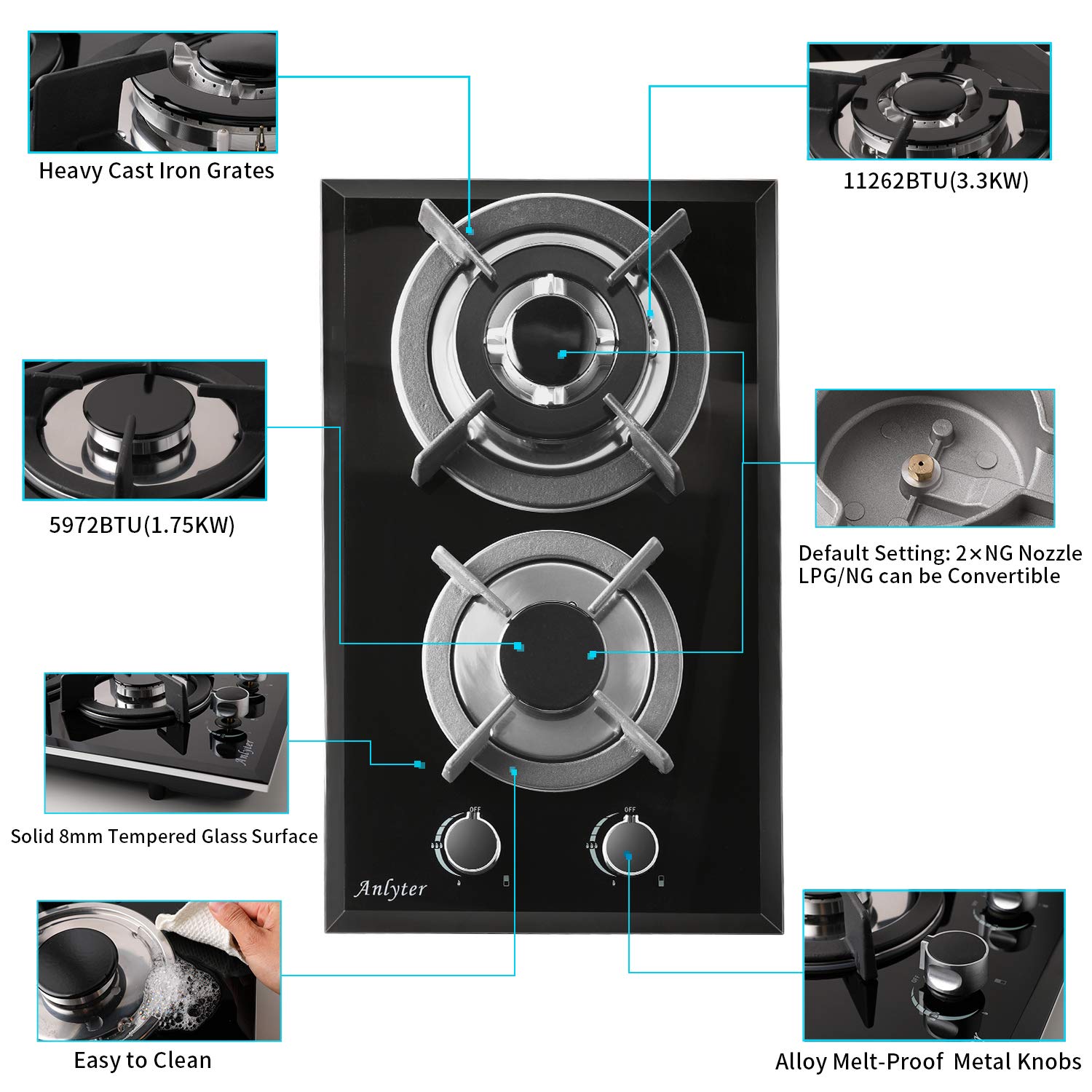 Anlyter 12 Inch Gas Cooktop, 2 Burners DropIn Gas Stovetop