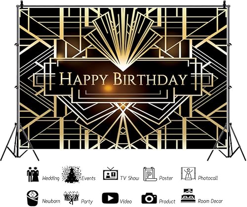 Miniatura 2 de Leyiyi Telones de fondo de fotografía de lujo de 6 x 4 pies, diseño geométrico de lujo de los años 20, fondo negro y dorado, cartel de fondo de