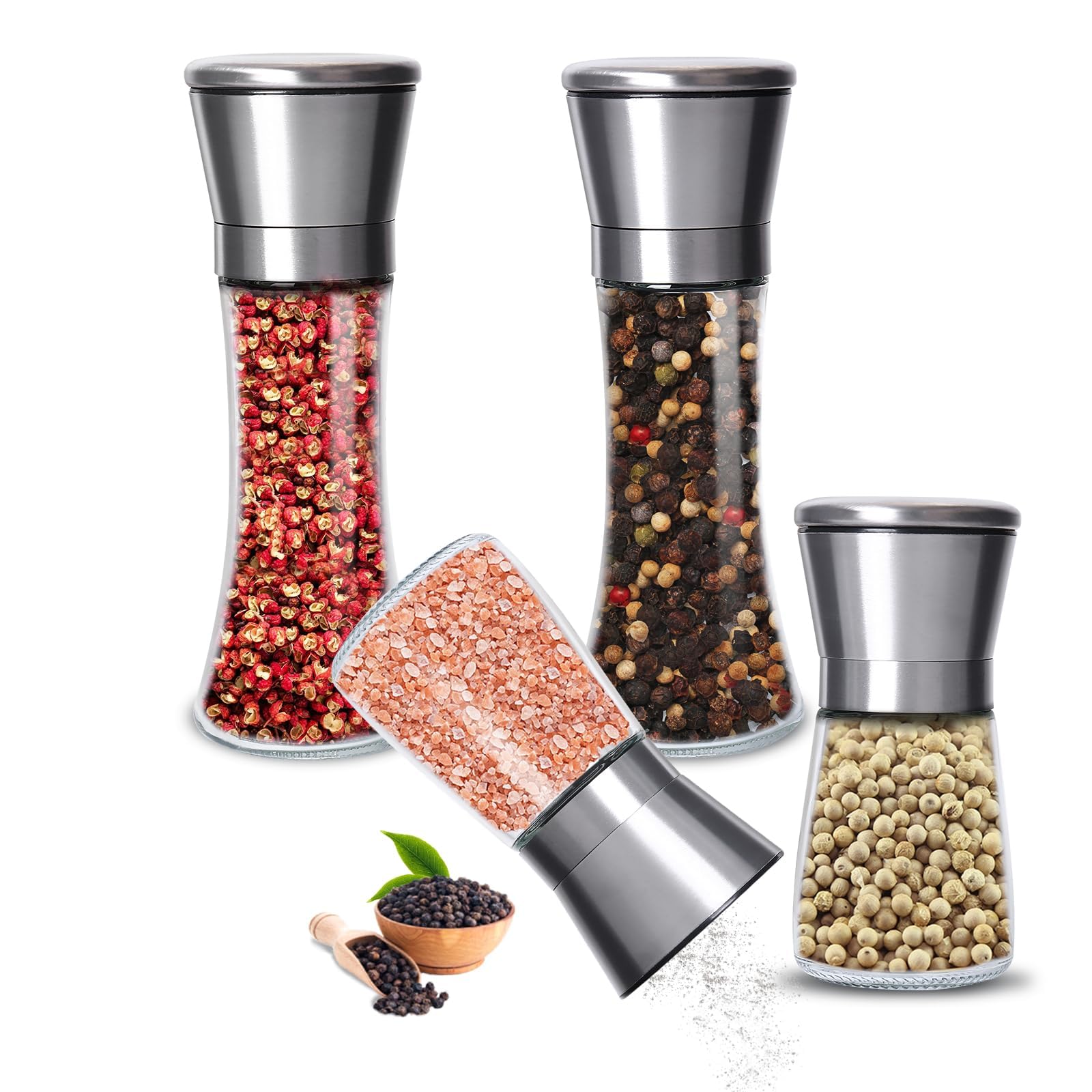 Gucass 4 Pcs Moulins à Poivre et Sel, Acier Inoxydable Verre Meule en Céramique Réglable Broyeur à Épices, Salières et Poivrières, Moulin À Épices, Idéal pour Moudre et Recharger Sel, Poivre et Piment