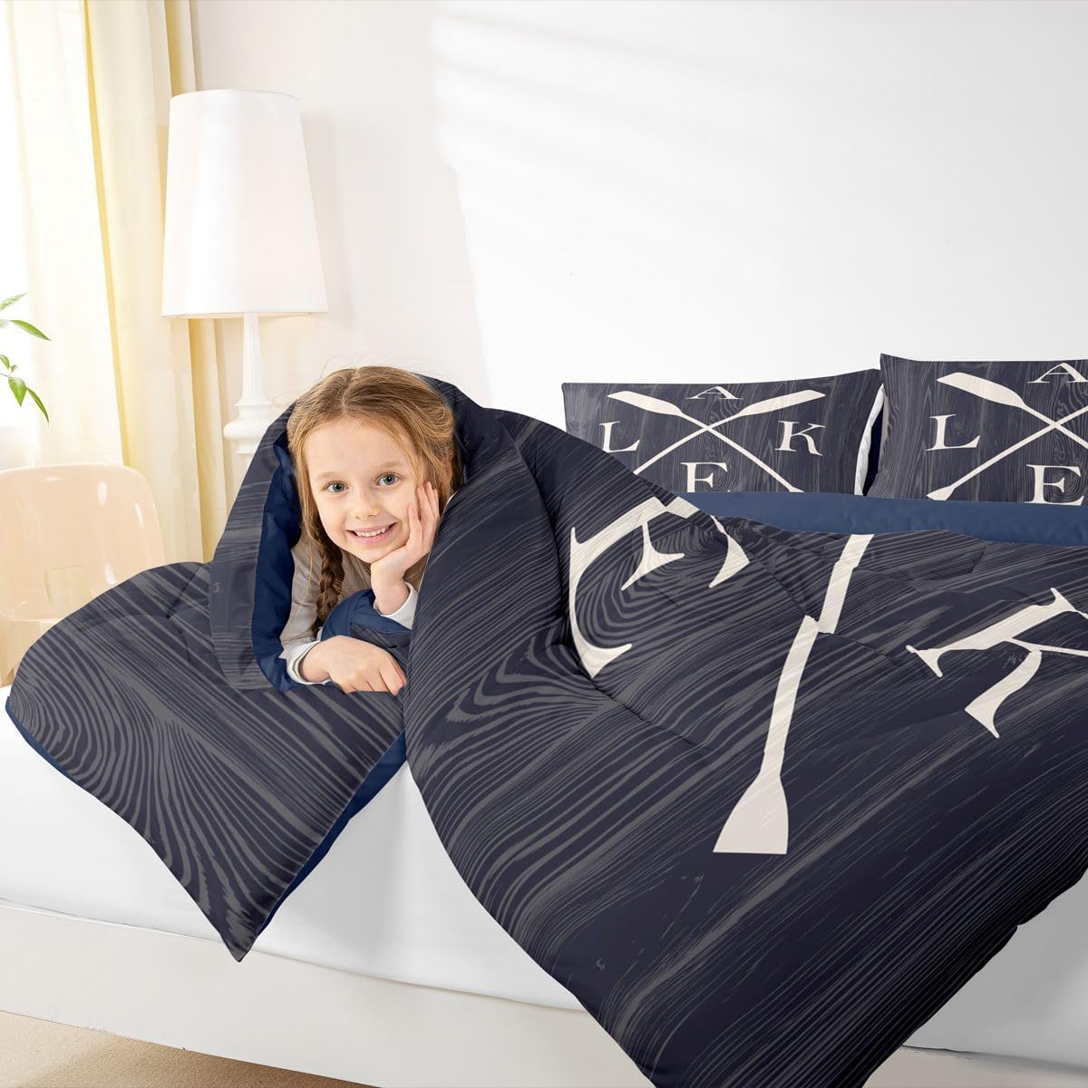 Erosebridal The Lake House Queen Comforter Set Vintage Paddle Farmhouse Bedding Set Lake House Decor for The Home,Lake Cabin Decor Quilt for Adults Women,Rustic Lake Life Decor Lake House Gifts Blue