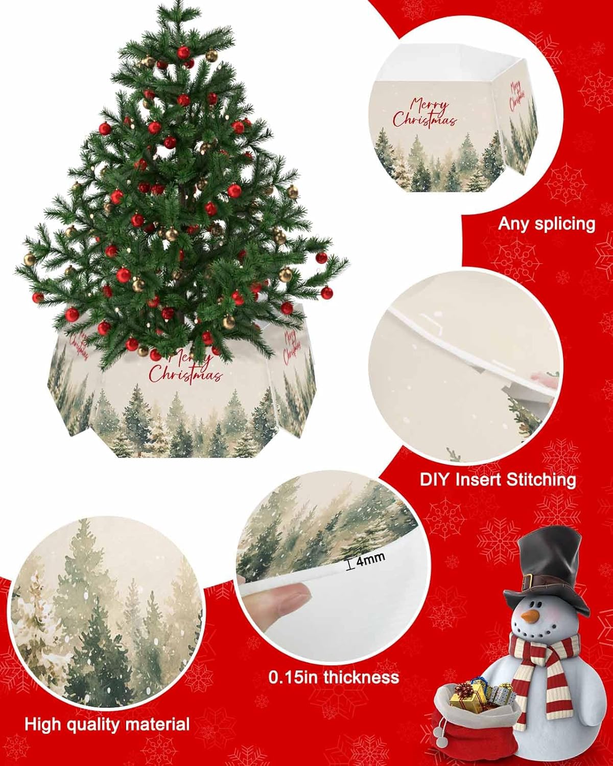 Christmas Tree Collar,Merry Christmas Pine Tree Forest Hexagon Felt Tree Ring Christmas Tree Skirt Natural Snow Scene on Faint Yellow Xmas Tree Base Stand Cover for Home Holiday Party Decor