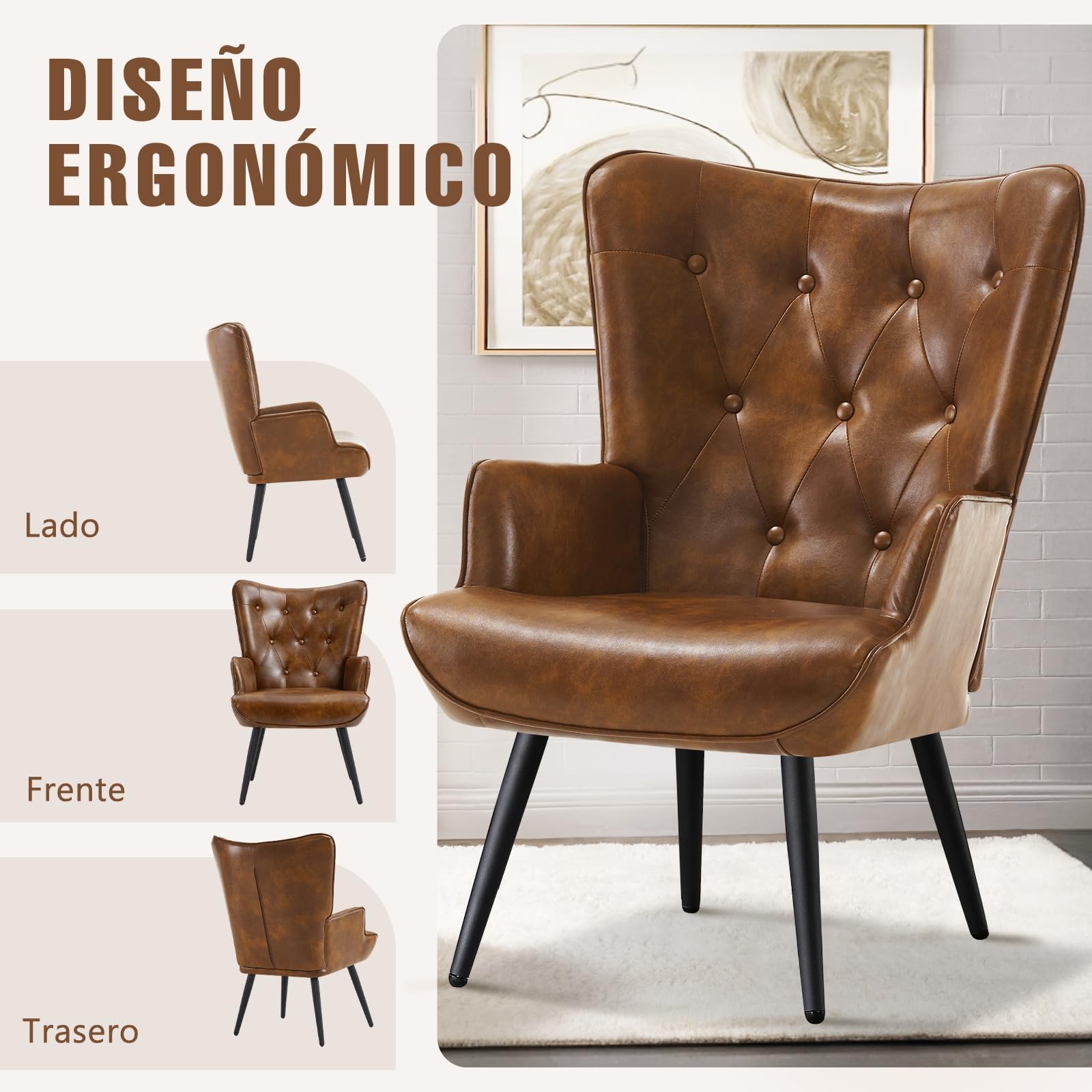 Butaca de Salón, Sillón de Salón Orejero Estilo Escandinavo, Butaca de Dormitorio con Tapizado Sillón Lectura con Respaldo Ergonómico para Dormitorio Sala de Estar Balcón, Marrón