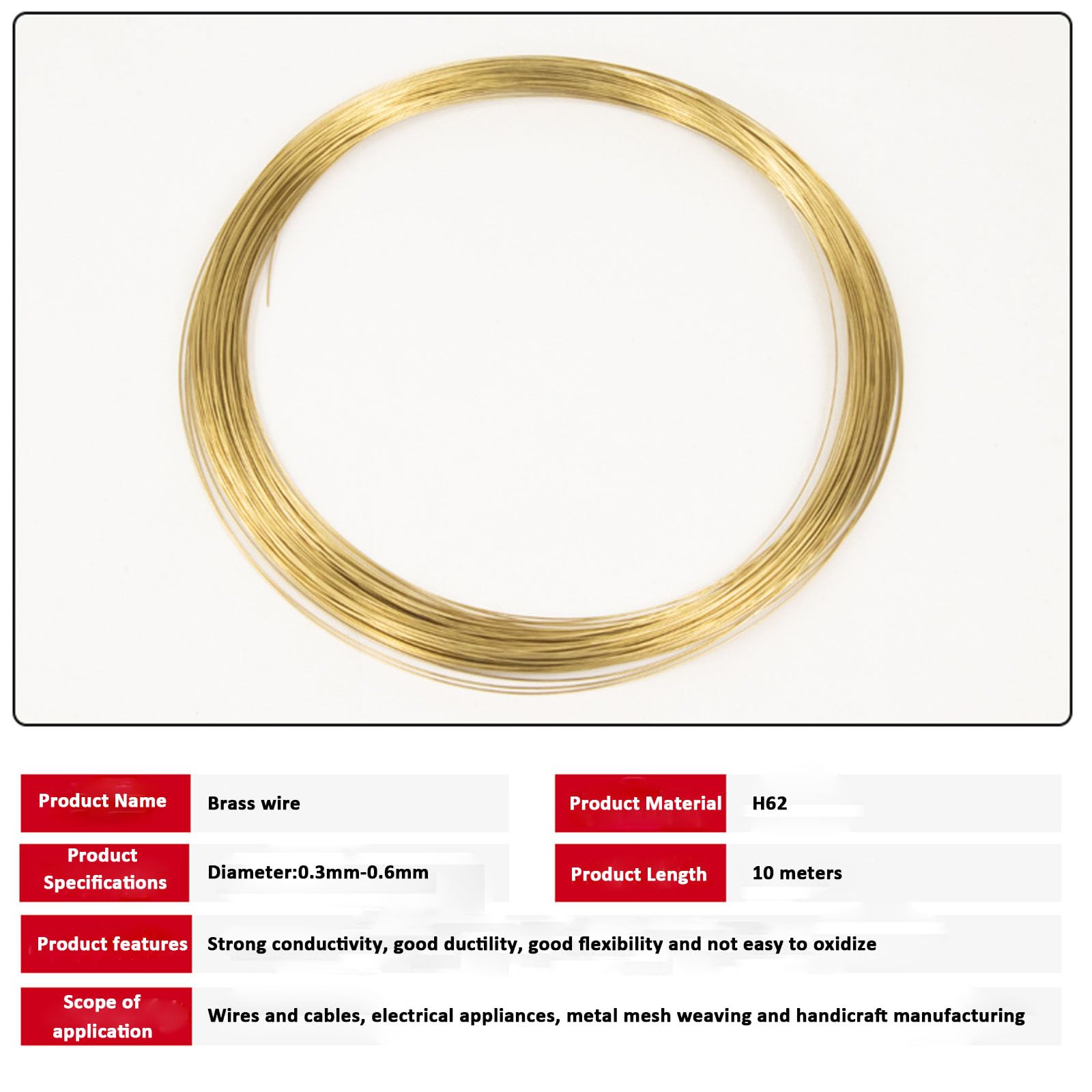 Durchmesser 0,3 mm -,6, Messingdraht, Länge 10 m, geeignet for Kunsthandwerk, Schmuckdesign, Elektrotechnik(0.5mm)