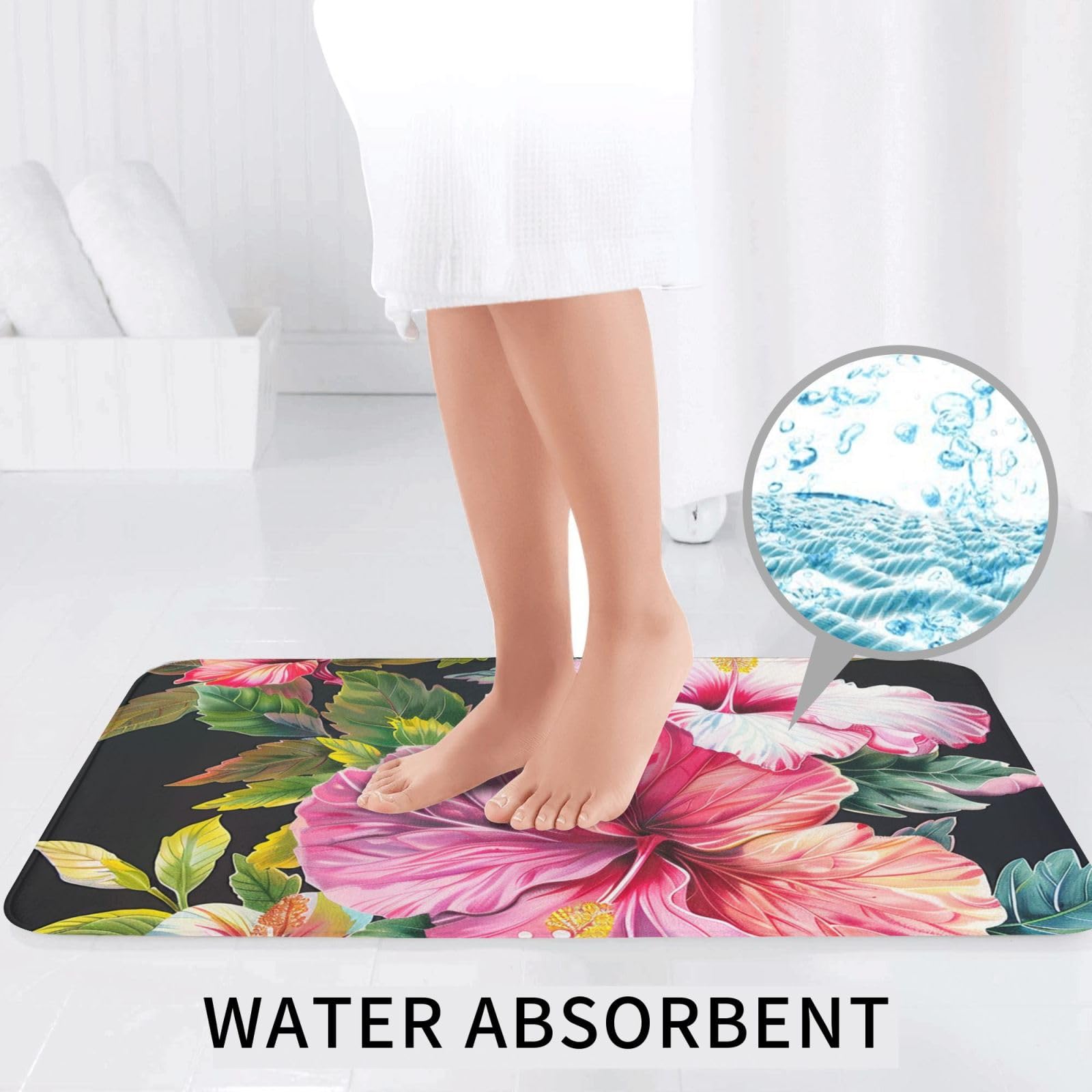Lot de 3 tapis de bain antidérapants et absorbants en flanelle avec motif imprimé fleurs d'hibiscus, tapis de bain, tapis contour et housse pour abattant WC