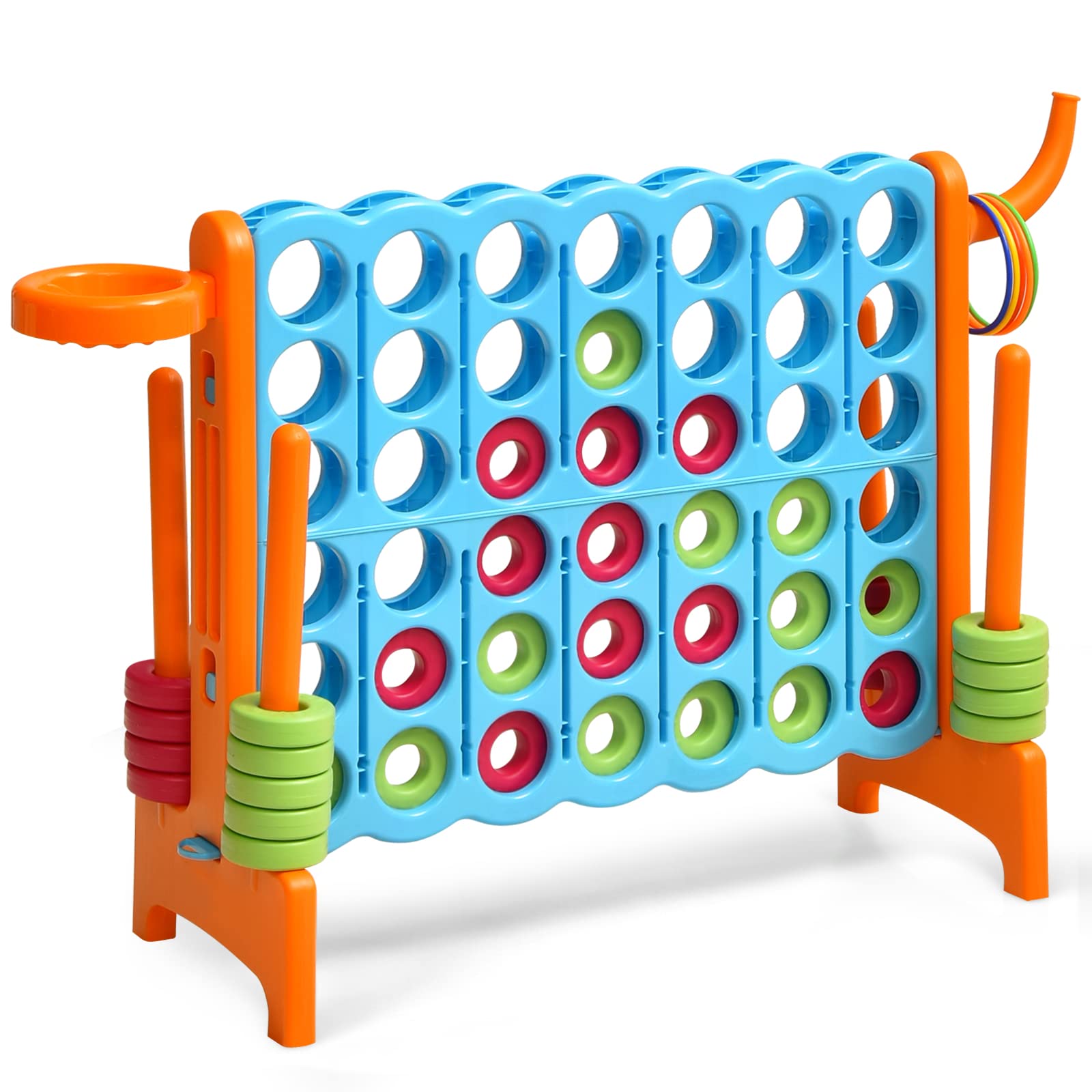 GYMAX Giant 4 in a Row Game, Jumbo Connect 4 Garden Games with 42 Rings, Basketball Hoop, Ring Game & Quick-Release Slider, Outdoor Four in a Row Toys for Kids Adults Family (Orange)