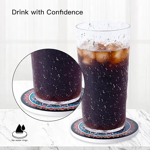 Miniatura 3 de Posavasos absorbentes de cerámica con parte trasera de corcho, patrón de mandala turco, juego de 6 posavasos redondos antideslizantes para mesa de