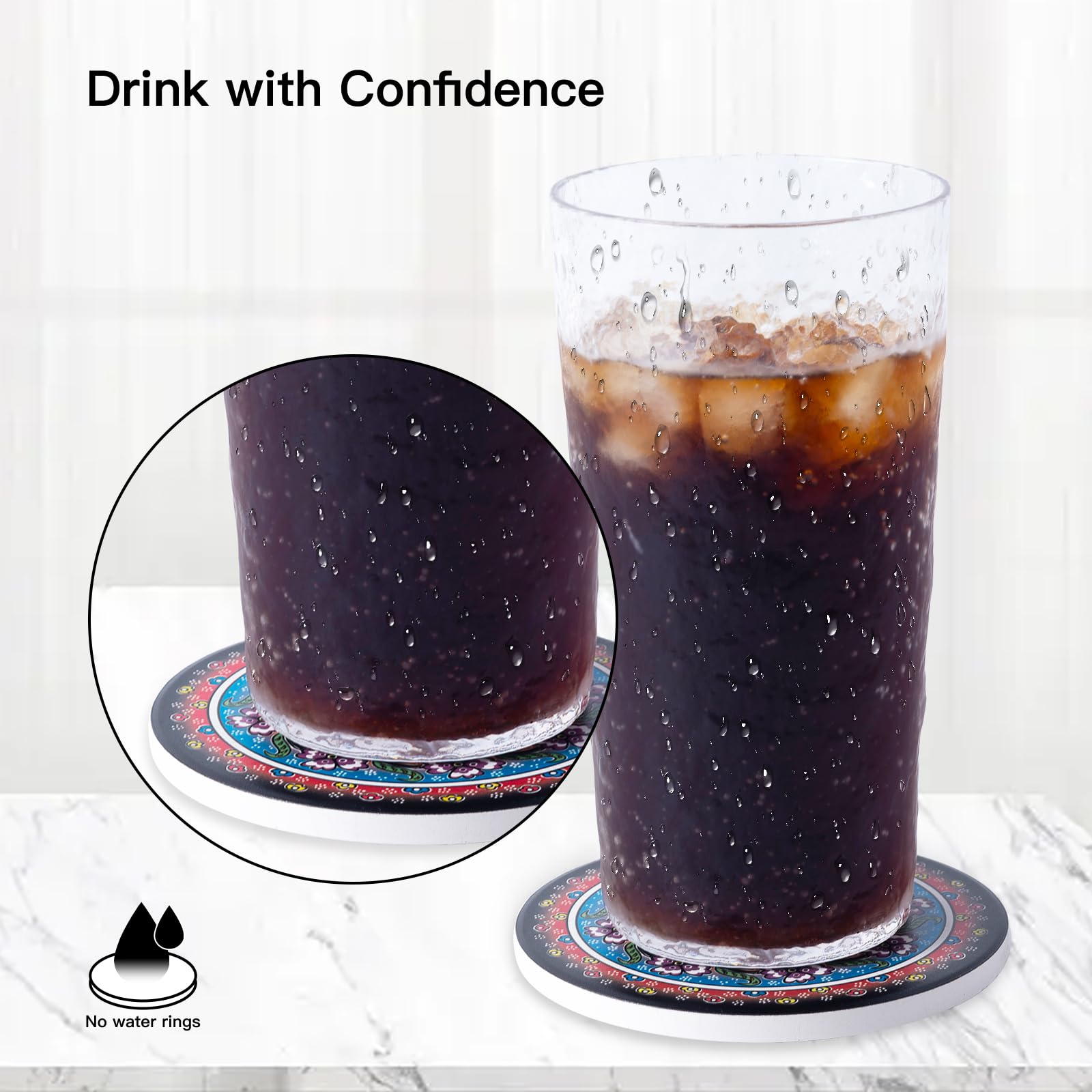 STARUBY Drink Coasters Set of 6 Ceramic Coaster Beautiful Absorbent Coaster Drink Mat with Cork Base 6 Turkey Patterns Round Coaster Non Slip for Coffee,Beer,Mug,Wine Glass Bottle,Home and Bar - Image 3