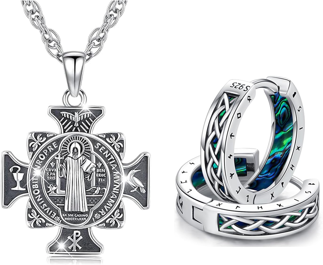 AmaviveSt Benedict Medals with Viking Hoop Earrings for Men Women Sterling Silver