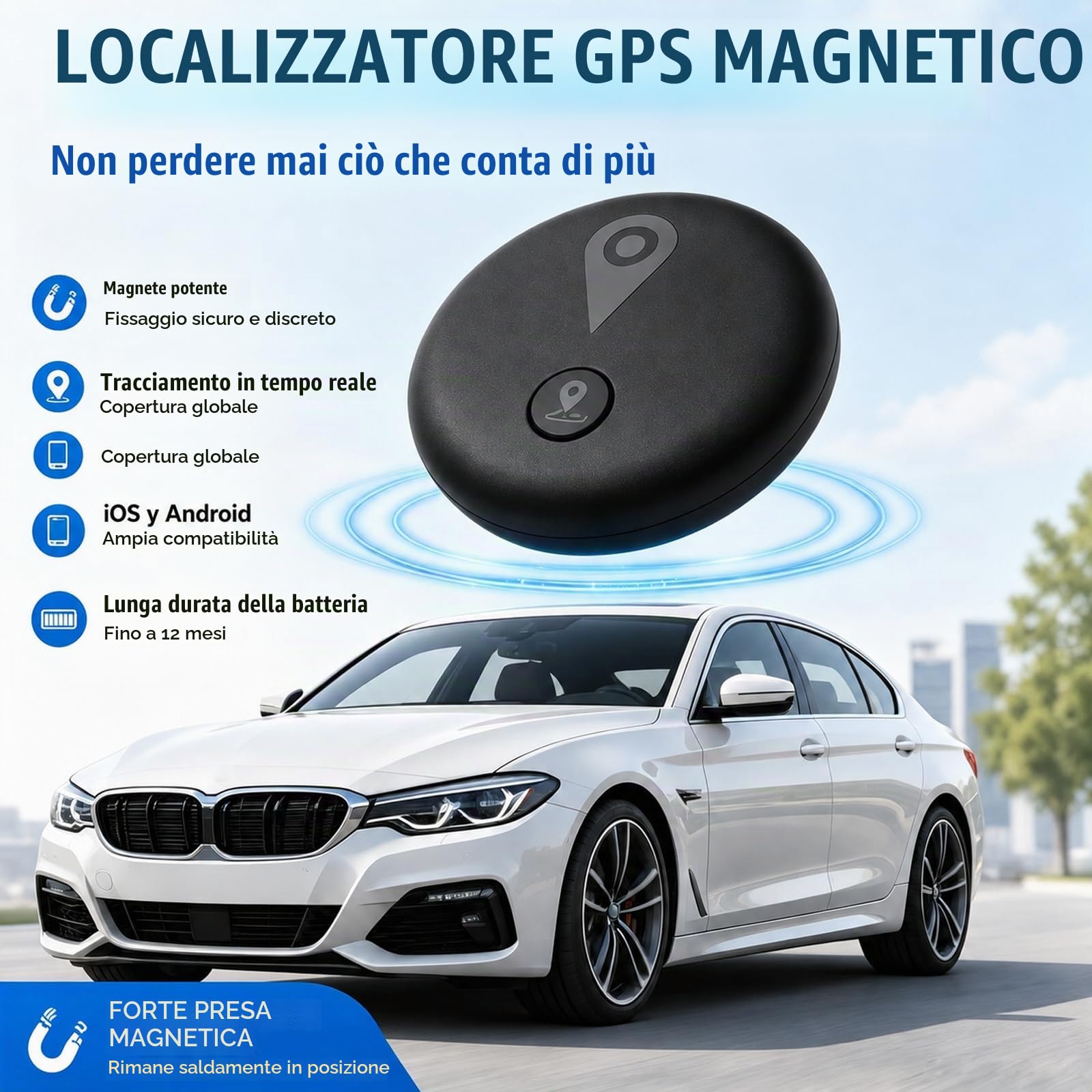 Tracker GPS Auto,Localizzatore gps Magnetico Macchina Compatibile con iOS e Android,Senza Abbonamento,Impermeabile IP67,Ideale per Veicoli/Moto/Chiavi/Bagagli/Bambini/Portafoglio