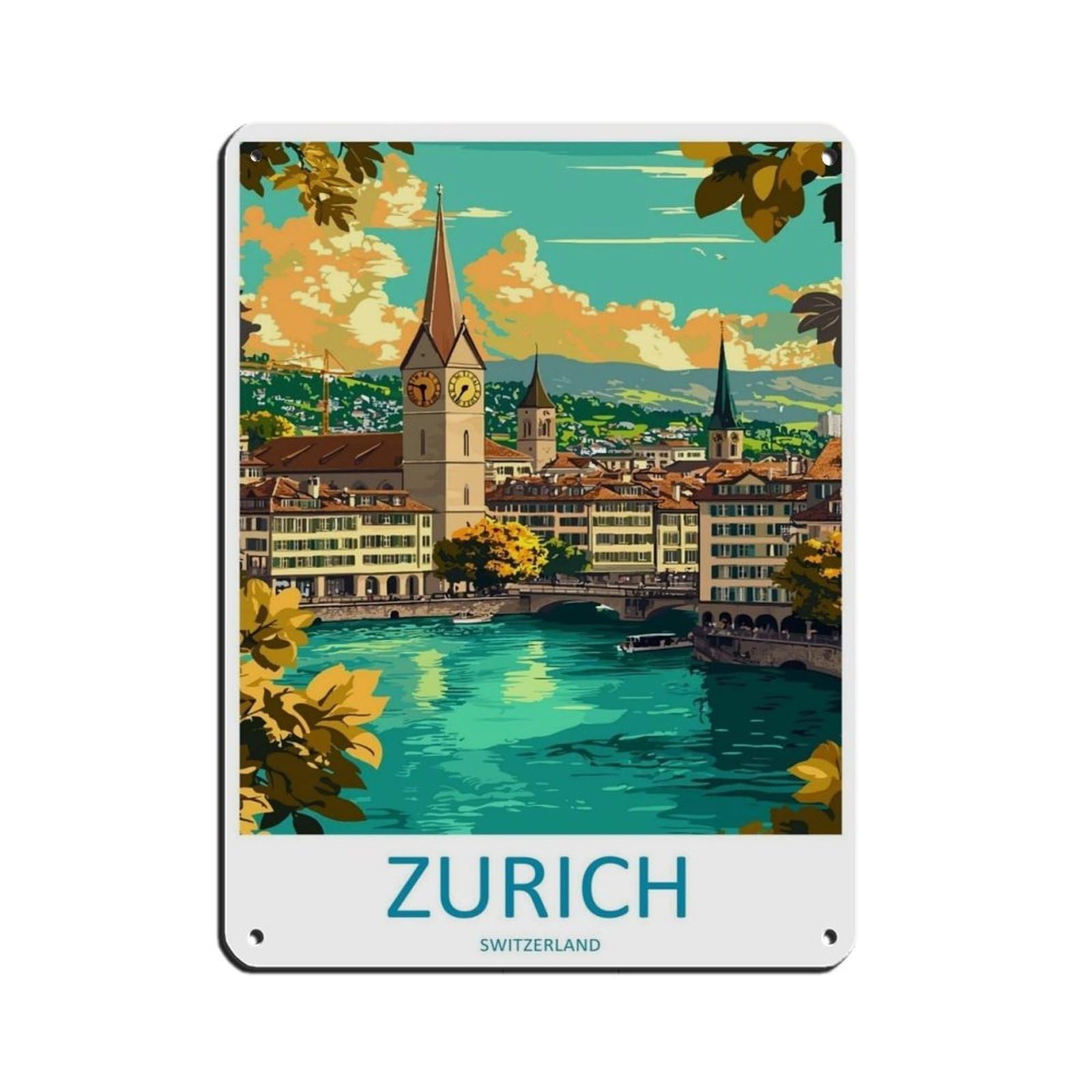 Zurich Travel Switzerland Art Cityscape Poster Tin Sign Vintage Metal Pub Club Cafe Bar Home Wall Art Decoration Poster Retro 12x16inch(30x40cm)