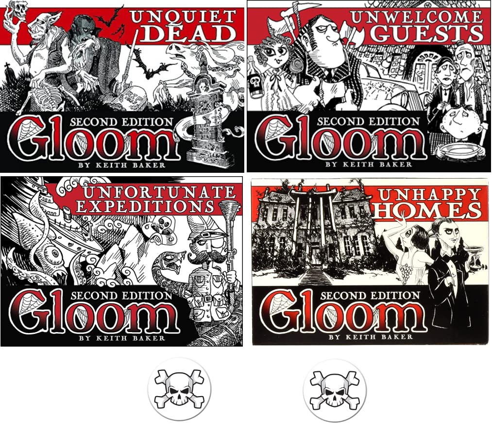 Gloom Bundle of All 4 Expansions for The Second Edition of The Card Game Plus a Skull Button