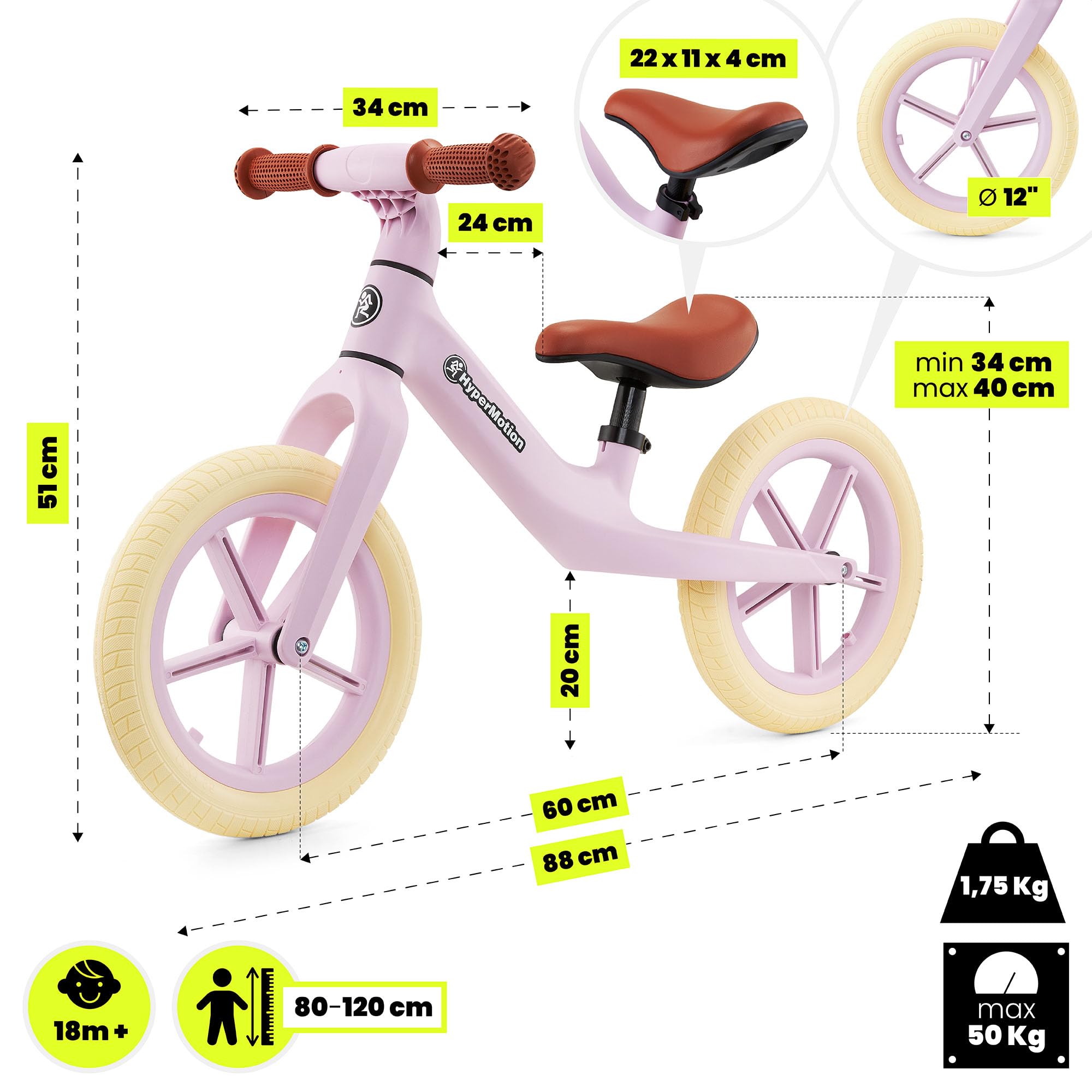 HyperMotion Marcelo Bicicletta Senza Pedali Balance Bike 12 Pollici con Ruote PU Antiforatura, Sella Regolabile e Bloccasterzo, per Bambini da 18 Mesi, Resistente fino a 50 Kg, Montaggio Facile, Rosa