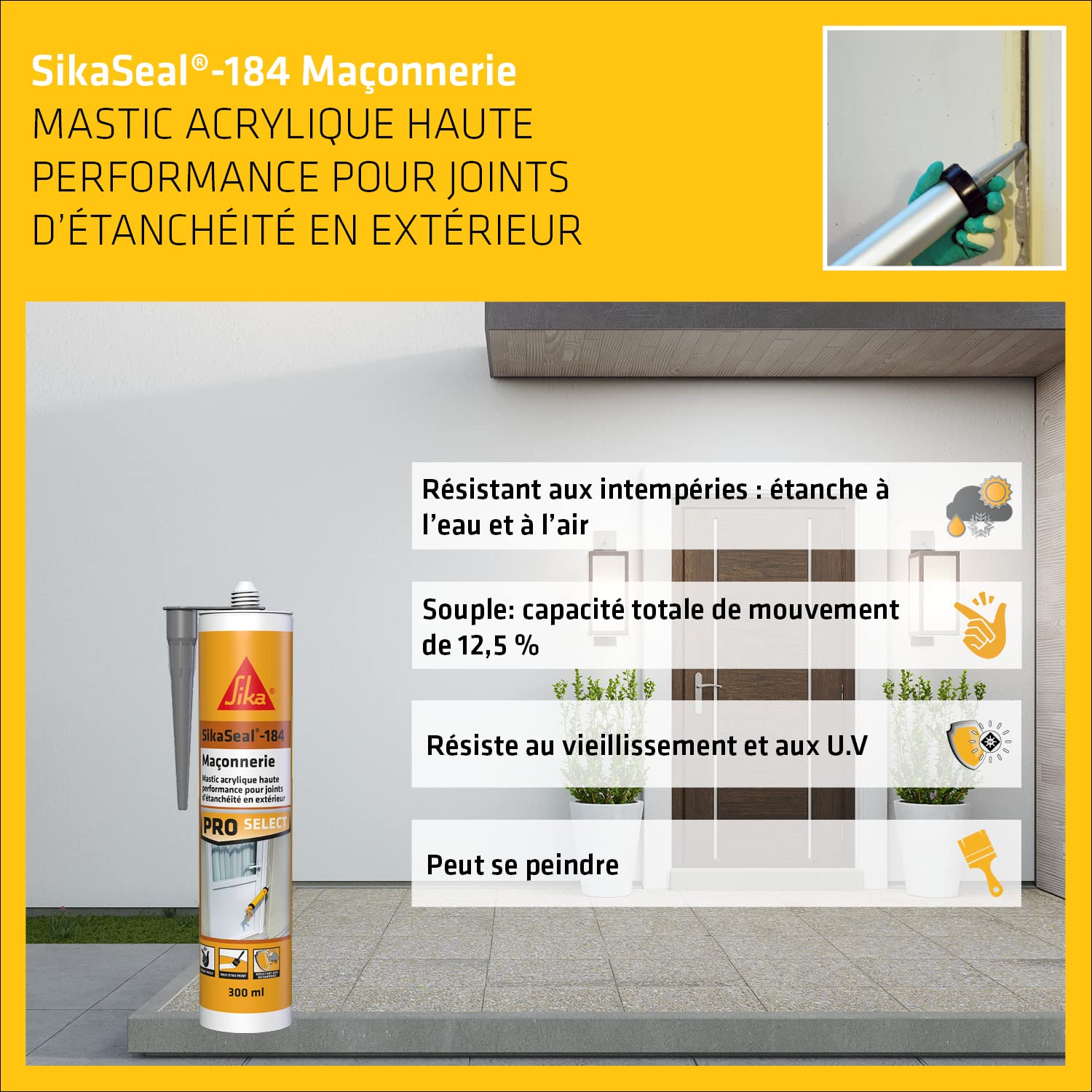 Mastic acrylique - SikaSeal-184 Maçonnerie - Gris béton - Carton 12x300ml | Réparation de fissures - Joints d’étanchéité - Haute performance - Extérieur et intérieur