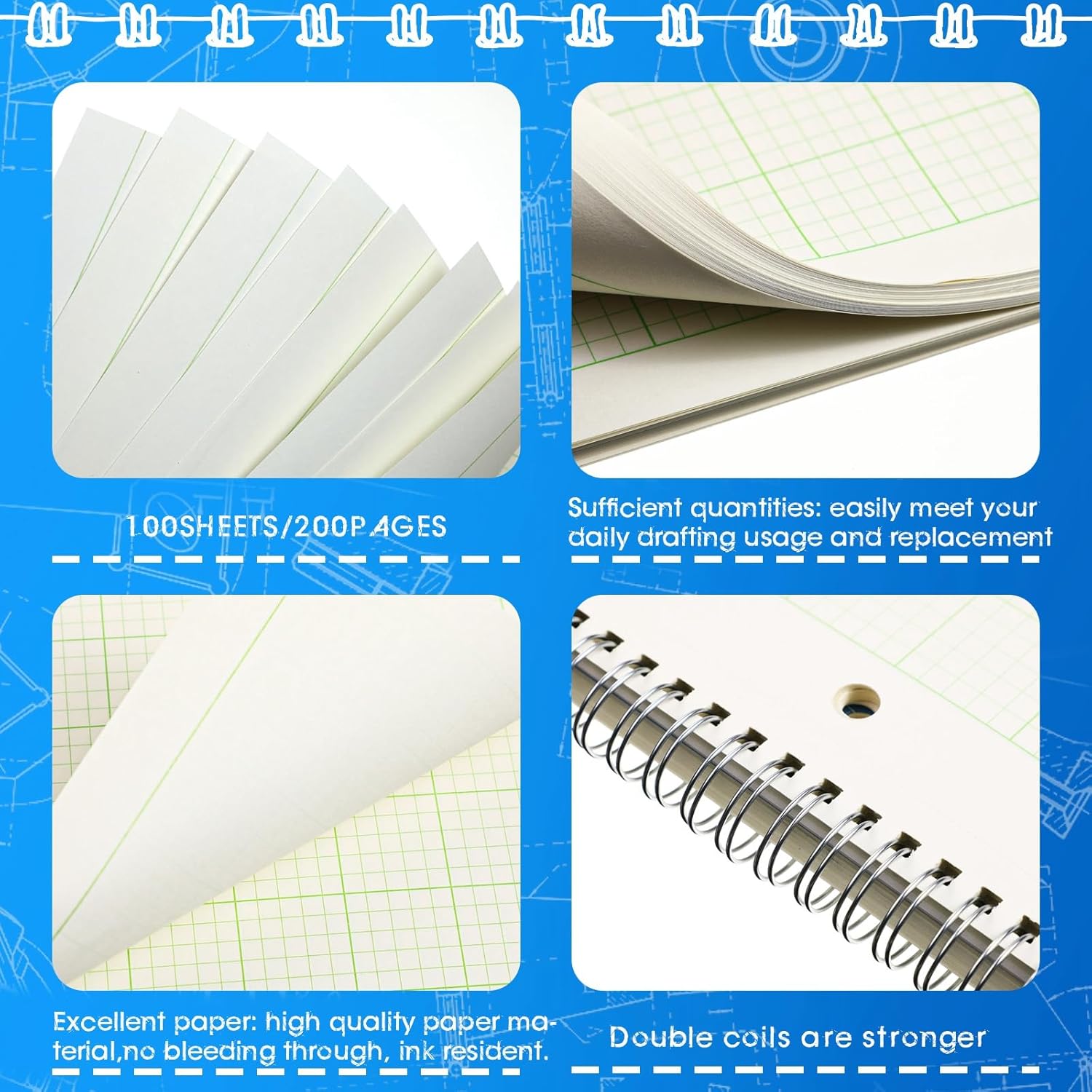 Colarr Engineering Computation Pad 8.5" x 11" Engineering Wirebound Spiral Notebook Grid Pad 5 Squares Per Inch Graph Paper for Drafting Drawing Blueprint Sketching(Blue,4 Pads)