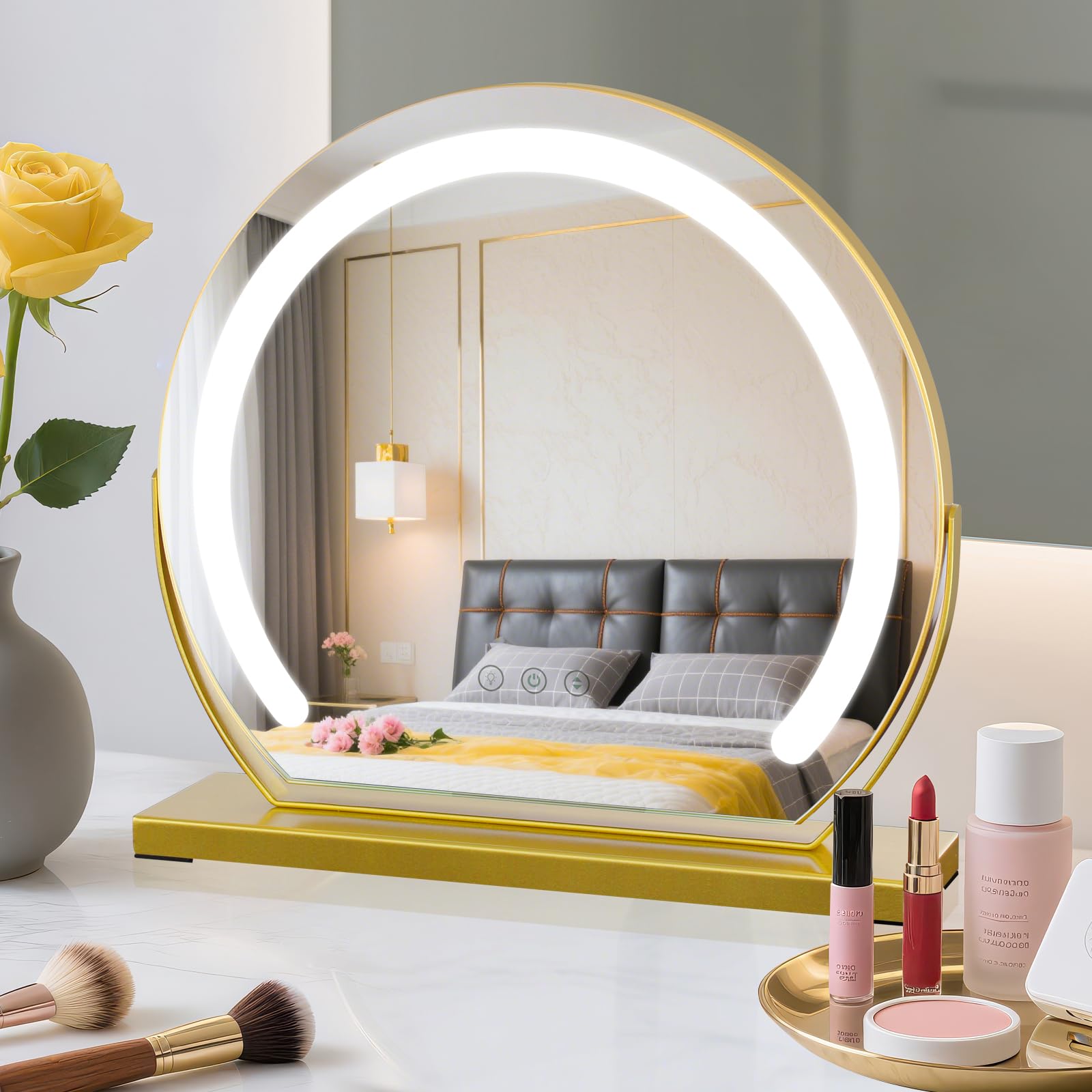 Tischspiegel Kosmetikspiegel mit Beleuchtung Schminkspiegel mit Licht 3 Farbtemperatur Verstellbares 360° Drehung 40x40cm 9W Touch Steuerung Plug-in Makeup Spiegel für Zuhause Gold