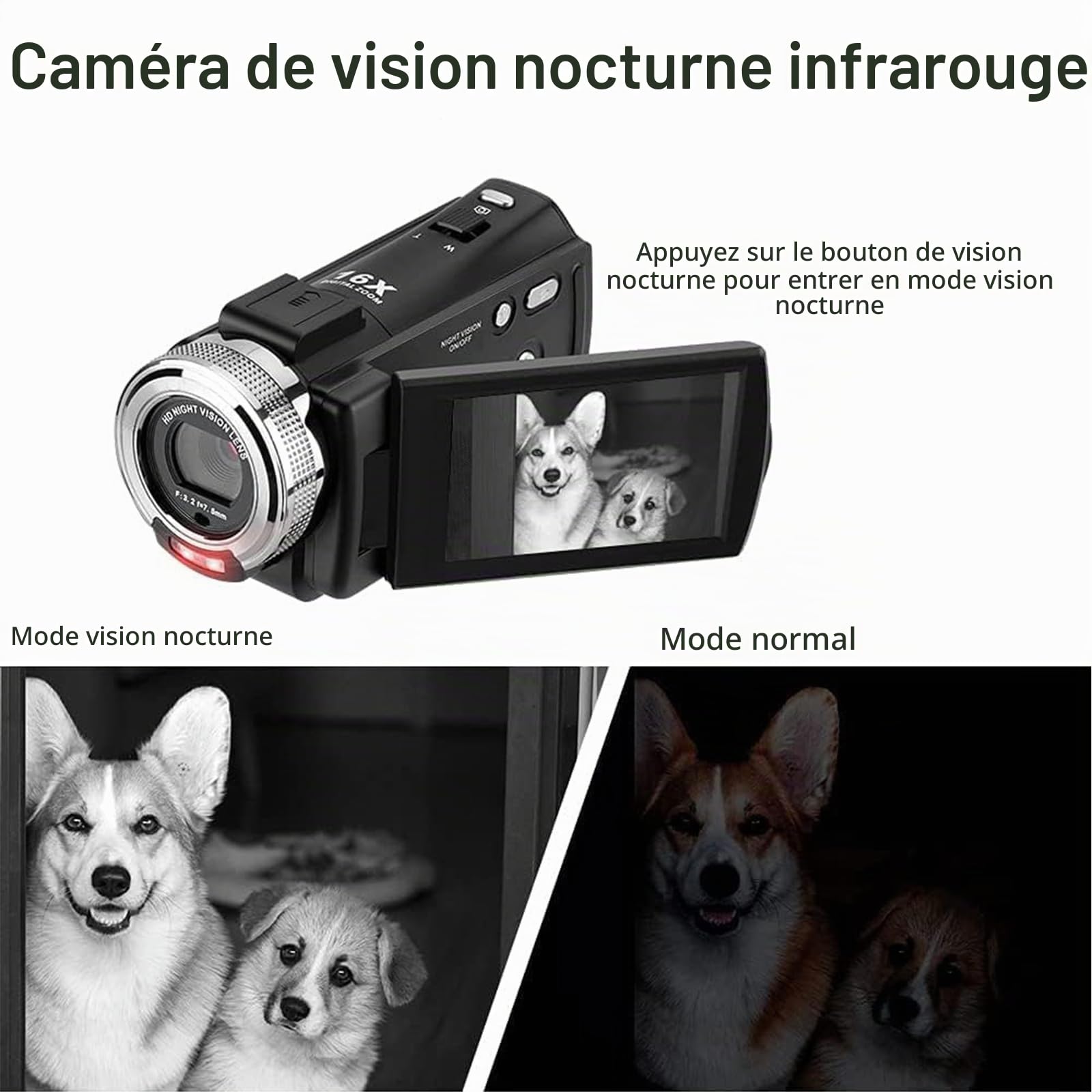 ORDRO V12 Caméscope Vidéo Full HD 1080P 30FPS Caméra Infrarouge à Vision Nocturne Écran LCD 3.0 Pouces Zoom 16X Caméscopes avec Carte SD 16GB Télécommande et 2 Piles