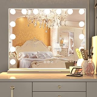 Vanity Mirror with Lights Hollywood Makeup Mirror, Large Vanity Lighted Mirror with 15 LED Bulbs, Hollywood Mirror with 3 Color Modes for Bedroom, Tabletop or Wall-Mounted, 23x18 Inch