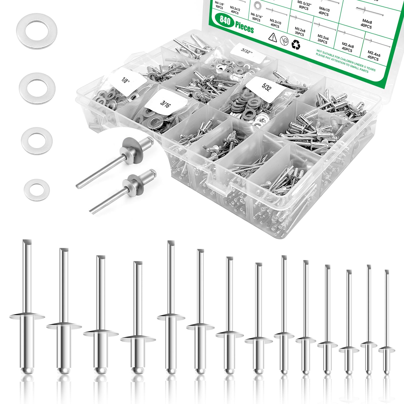 Yauhar 840Pcs 18 Sizes Pop Rivets Assortment Kit with Backup Washers