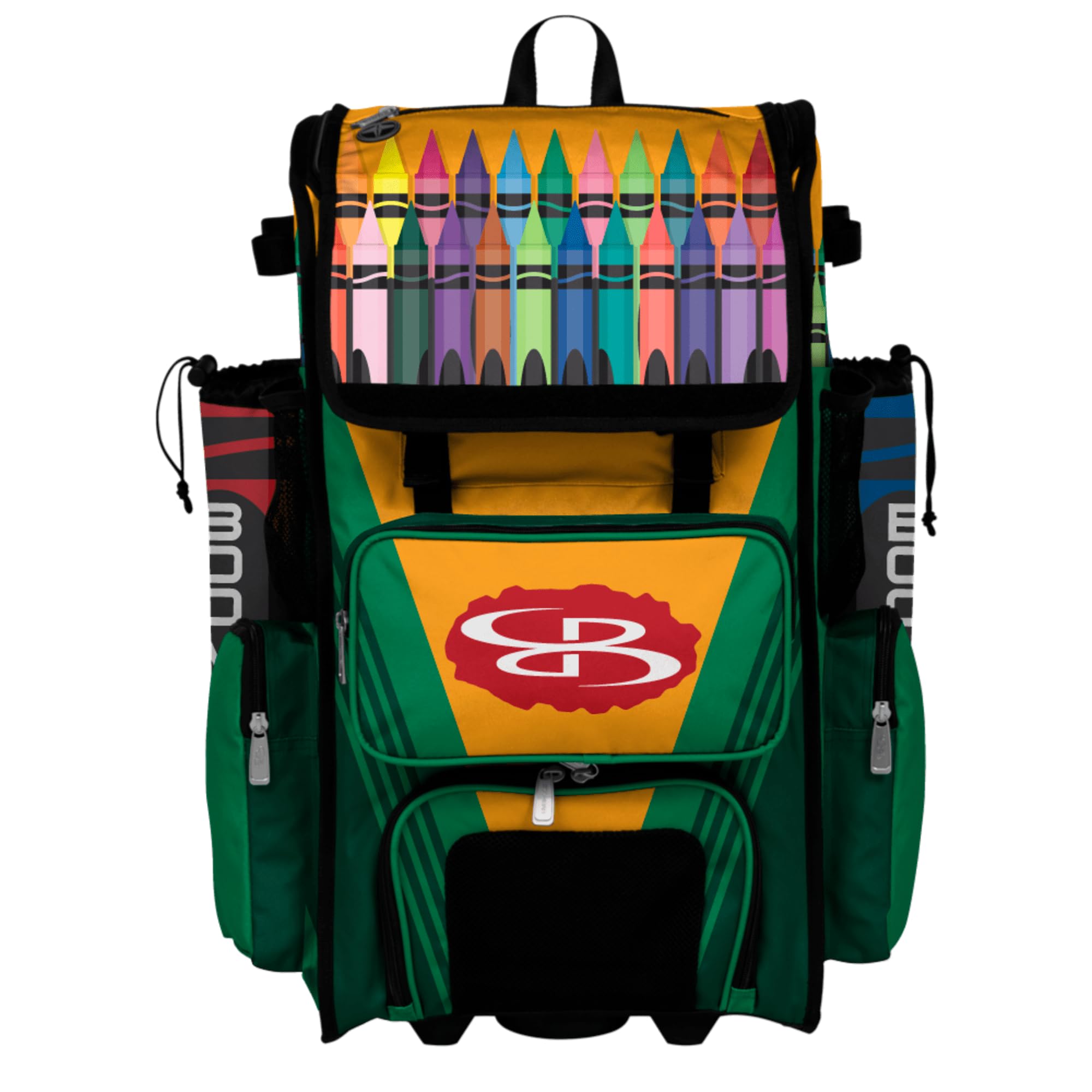 Boombah Rolling Superpack Baseball/Softball Gear Bag - Telescopic Handle - Holds 4 Bats - Wheeled Version - Crayons Multi