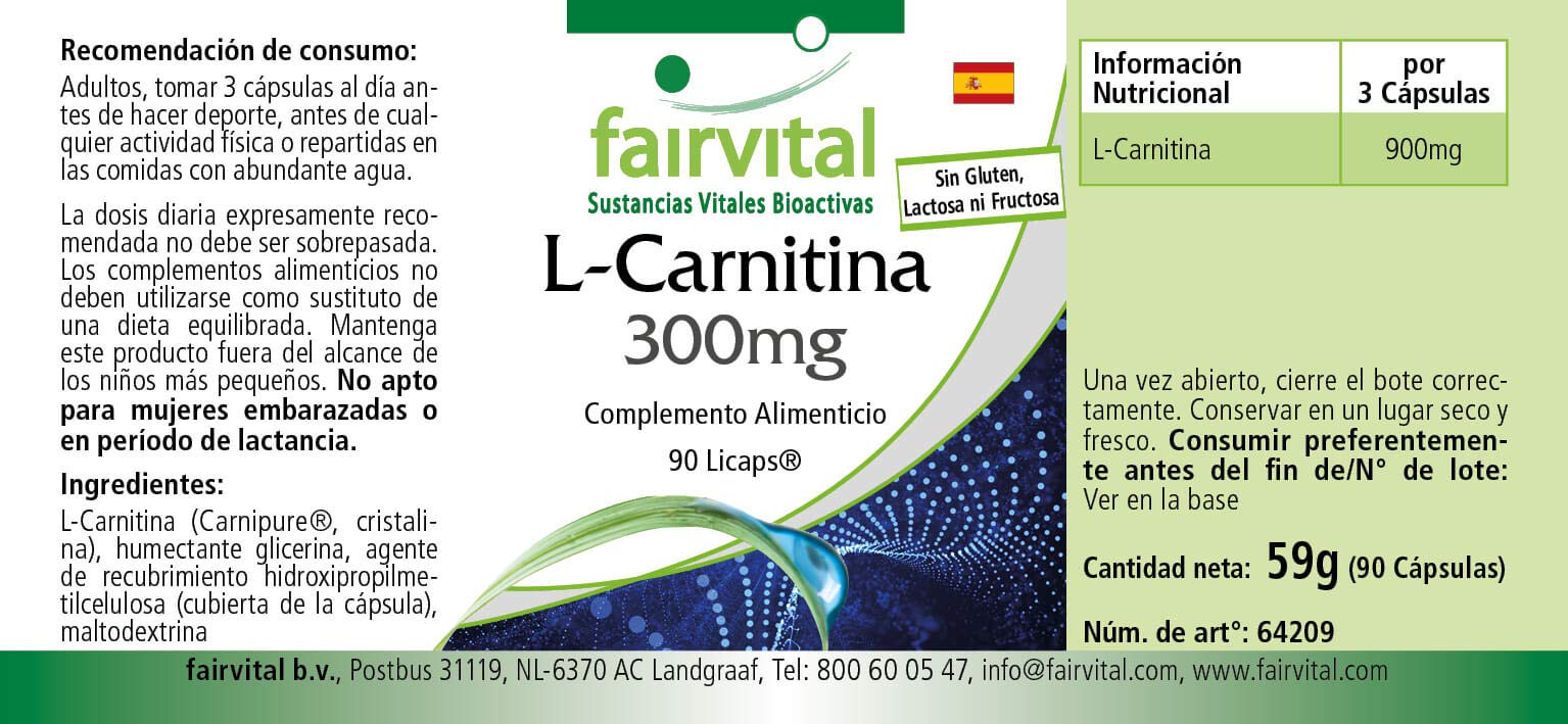 l carnitina dosis adultos fairvital L-carnitina cápsulas 300mg, 90 LiCaps®, fáciles de tragar, ALTA  DOSIS, VEGANAS : Amazon.es: Salud y cuidado personal
