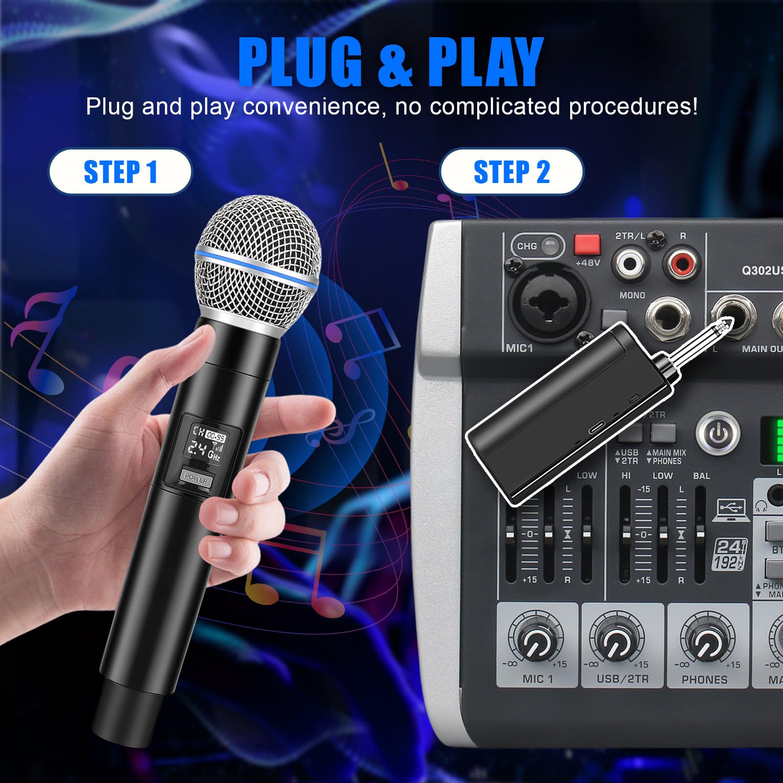 2PCS Microphone sans Fil Professionnel, Microphone Karaoké avec Connexion par Puce Individuelle, Réception à 50 Mètres de Distance, Durée de 12H pour Chant, DJ et Soirées à Domicile (Noir)