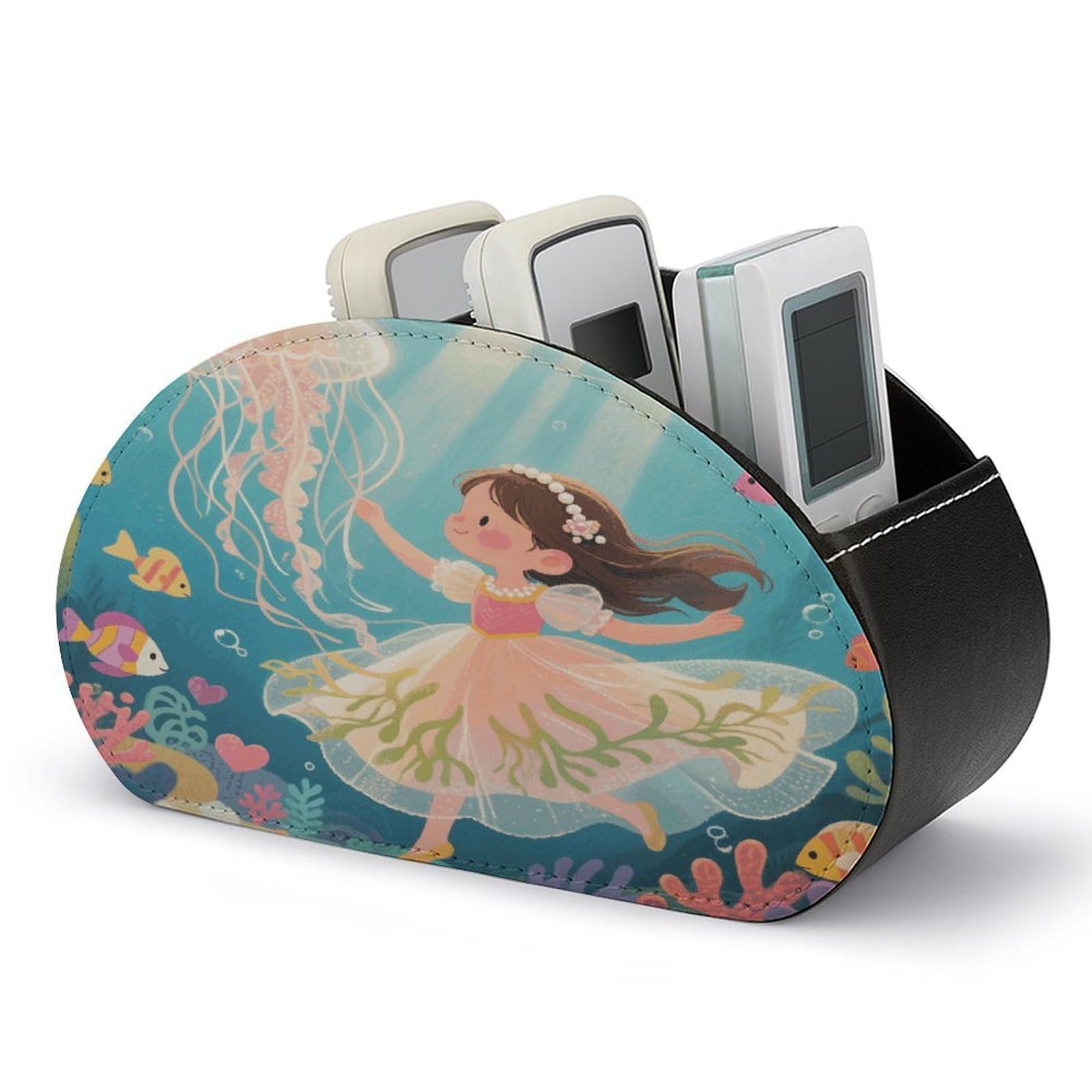 VstaDank - Ocean Jellyfish Remote Control Holder PU Leather Multifunctional Office Organizer Brush Holder Desktop Storage with 5 Compartments Box