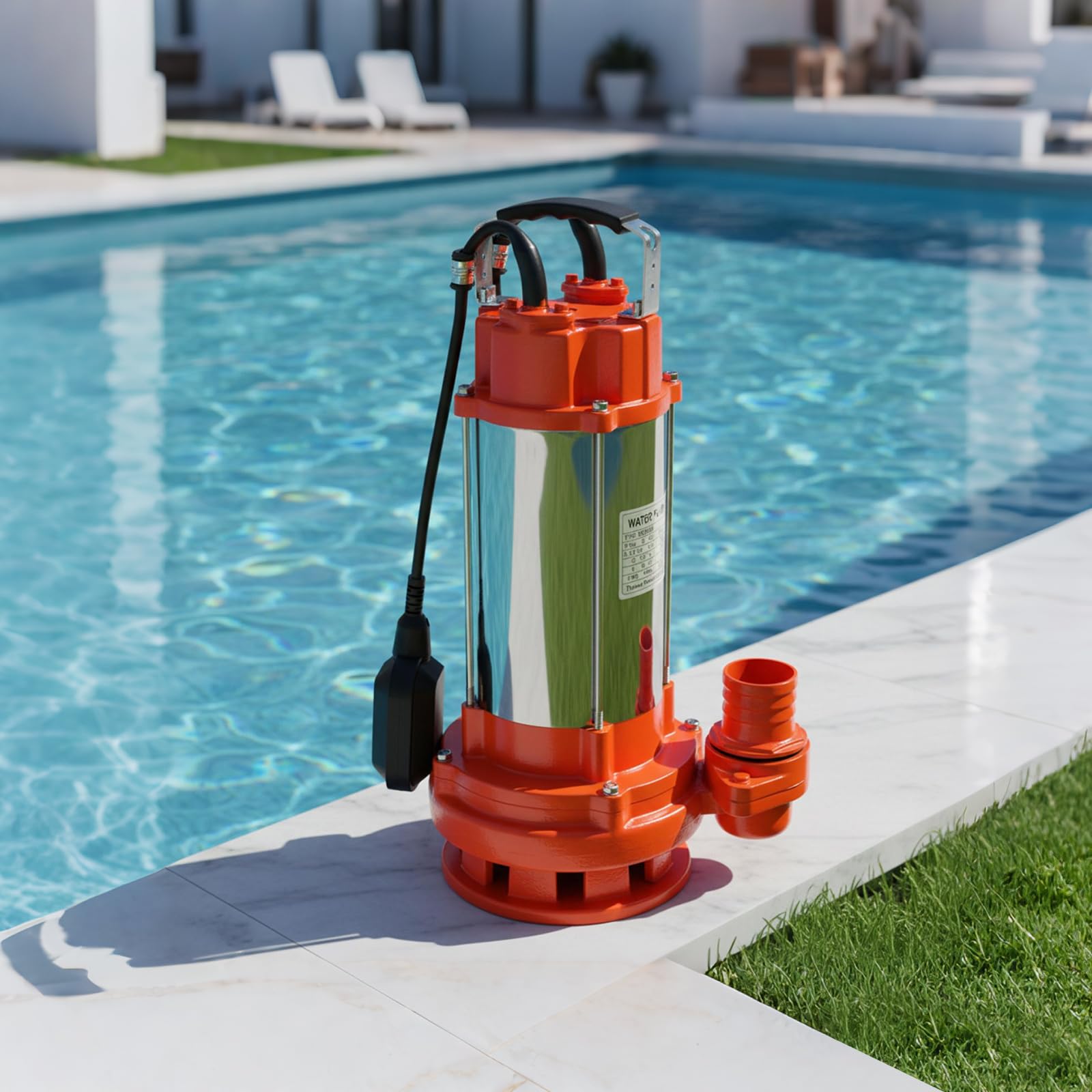 Bomba de agua sucia, 2200 W, 26000 l/h, bomba sumergible con interruptor de flotador, acero inoxidable, altura de impulsión 25 m, bomba fecal con asa, bomba con trituradora (naranja)