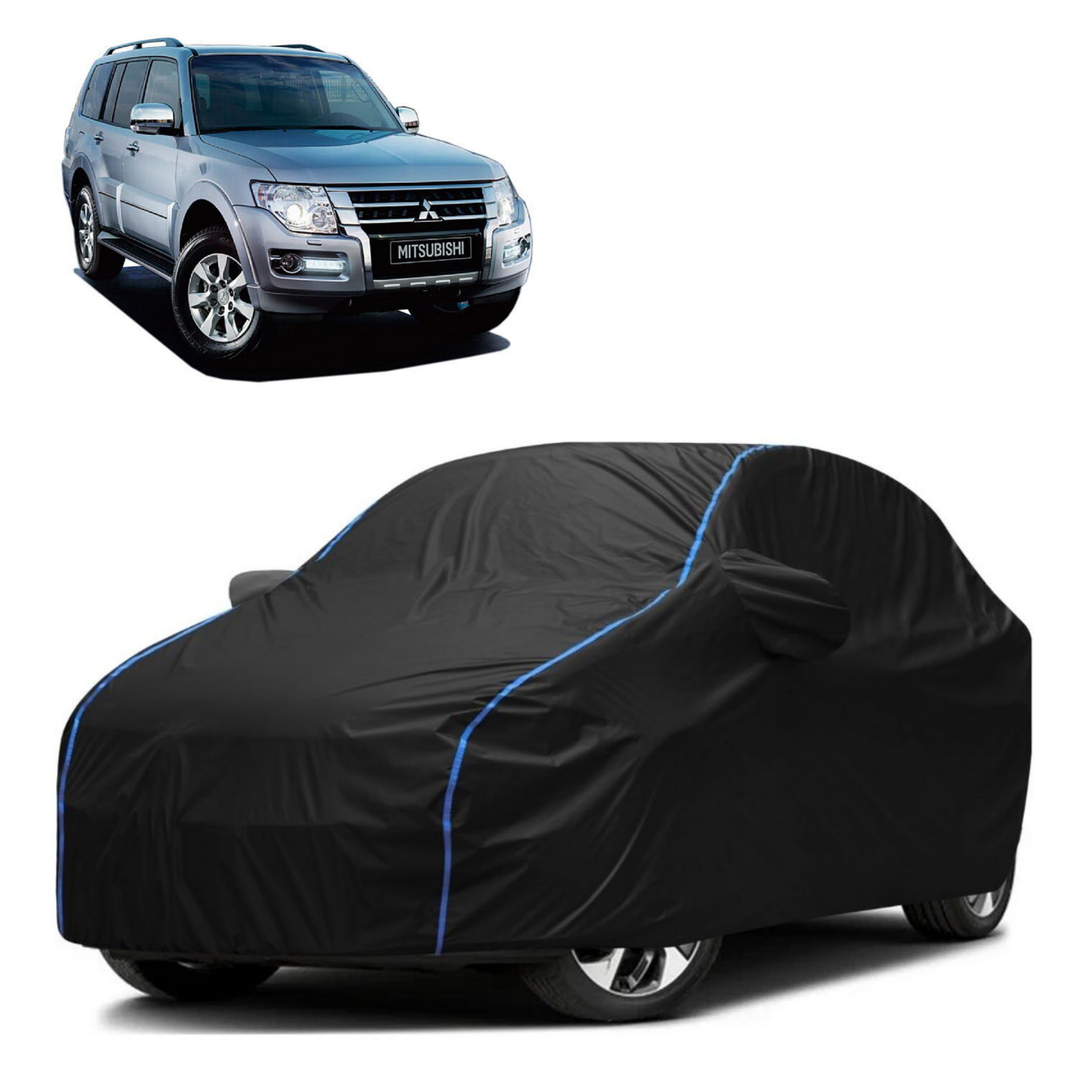 FAVY All Weather Resistant Car Body Cover Compatible with Mitsubishi Montero Scratch Proof, Anti-Dust, UV Protection with Windproof Buckle Strap and Mirror Pockets, Bottom Elastic Fitted-Black