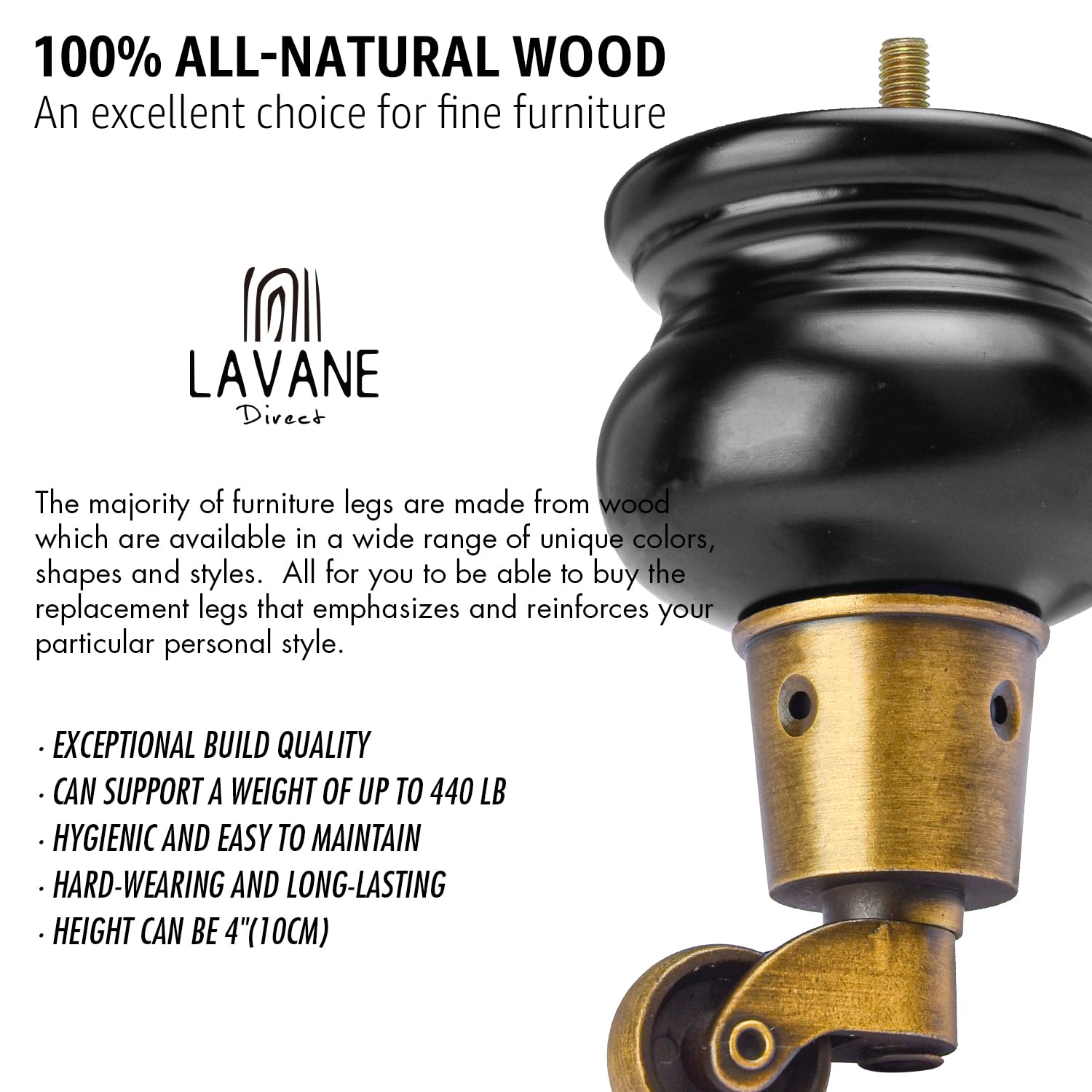 La Vane 5 inch Wooden Furniture Legs with Castor - Image 3