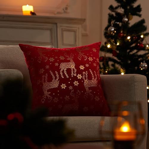 Miniatura 2 de Topfinel Juego de 2 fundas de almohada navideñas de 18 x 18 pulgadas, de terciopelo brillante de Navidad, copos de nieve, renos, decoración de