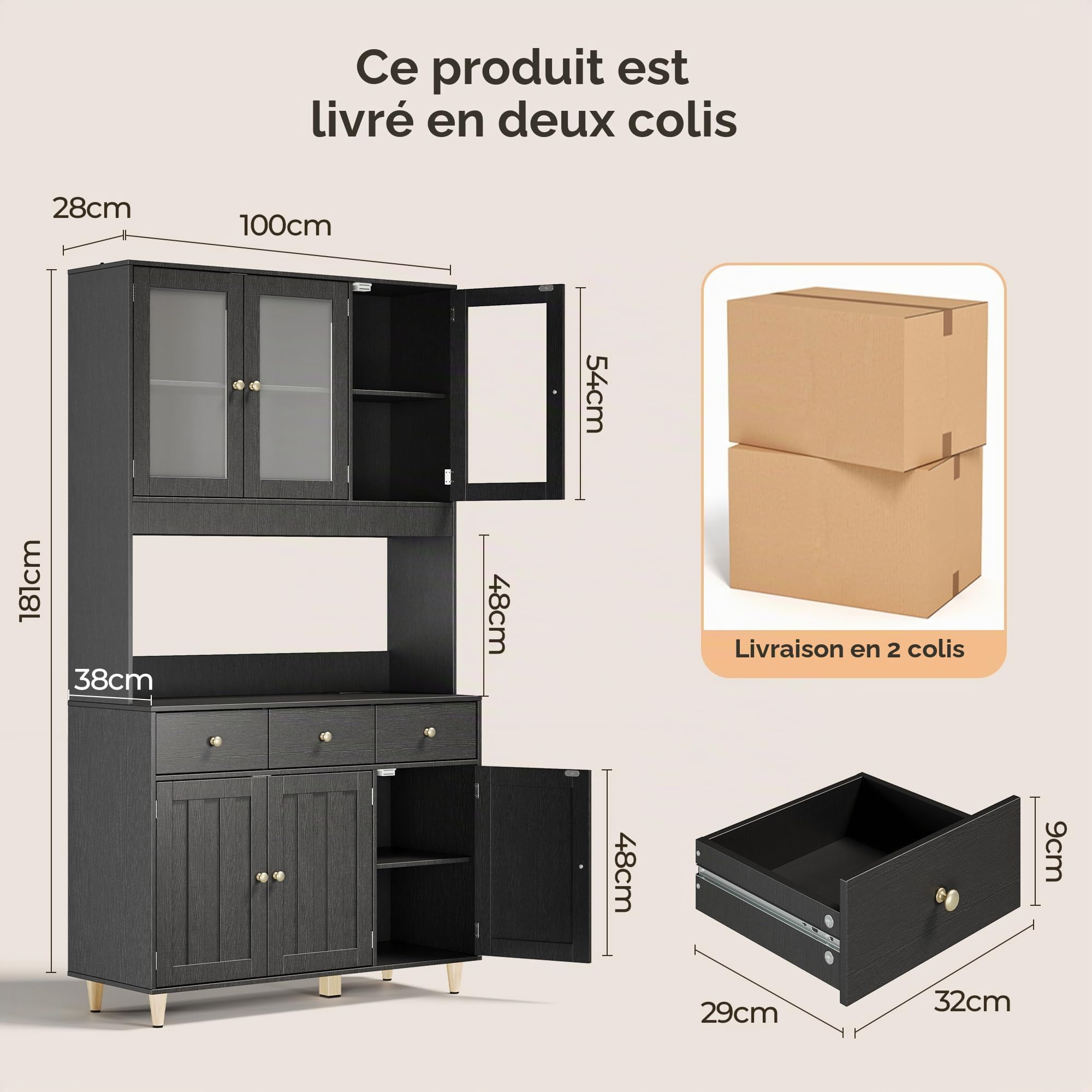 Vaisselier, Armoire de Cuisine Haute avec LED, Buffet avec 6 Portes et 3 Tiroirs,Vaisselier Vitrine avec des Portes d'armoire Transparentes,pour Le Salon et la Cuisine,180×38×180cm, Noir