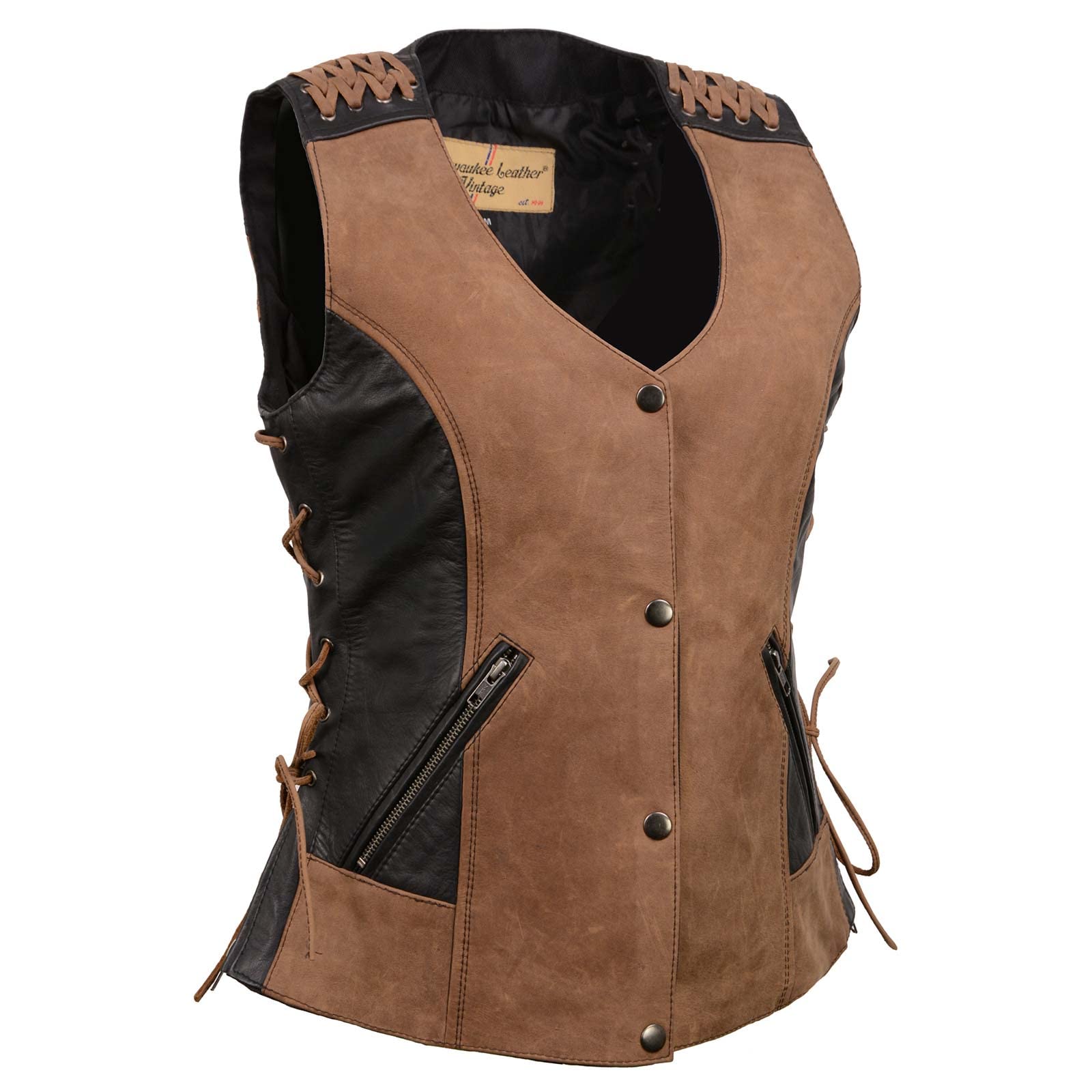 Milwaukee Leather Women's MLL4509 Smoocher Two Tone Crazy Horse Brown and Black Leather Club Style Motorcycle Vest - 2X-Large