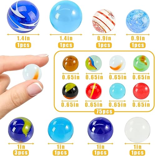 Miniatura 9 de Shindel 125 piezas de canicas de vidrio a granel, cuentas de vidrio redondas con tarro de mármol estilo surtido canicas para niños, juego de canicas