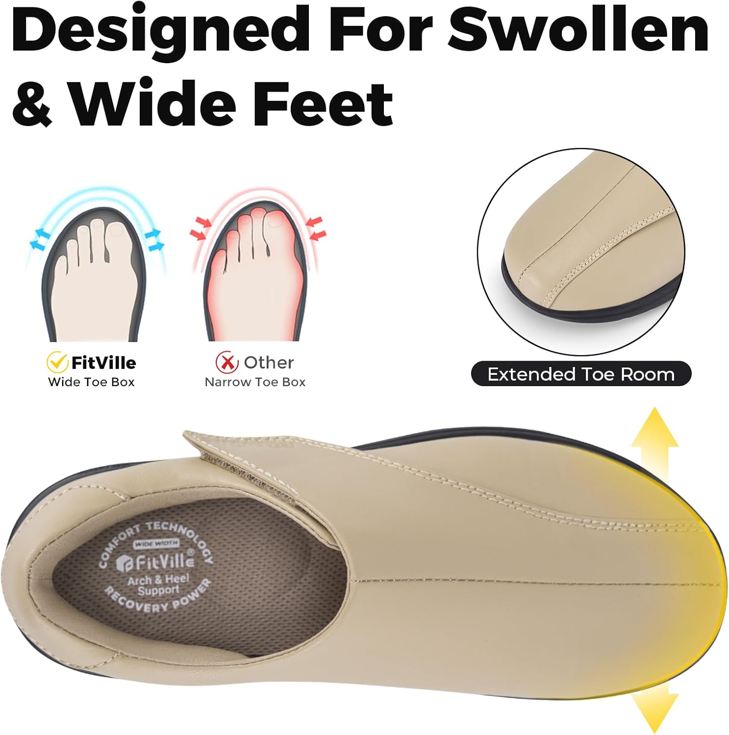 FitVille Diabetic Shoes for Women Wide Slip On Classic Oxford Shoes Business Formal Dress Shoes PU Leather Loafers Sneakers